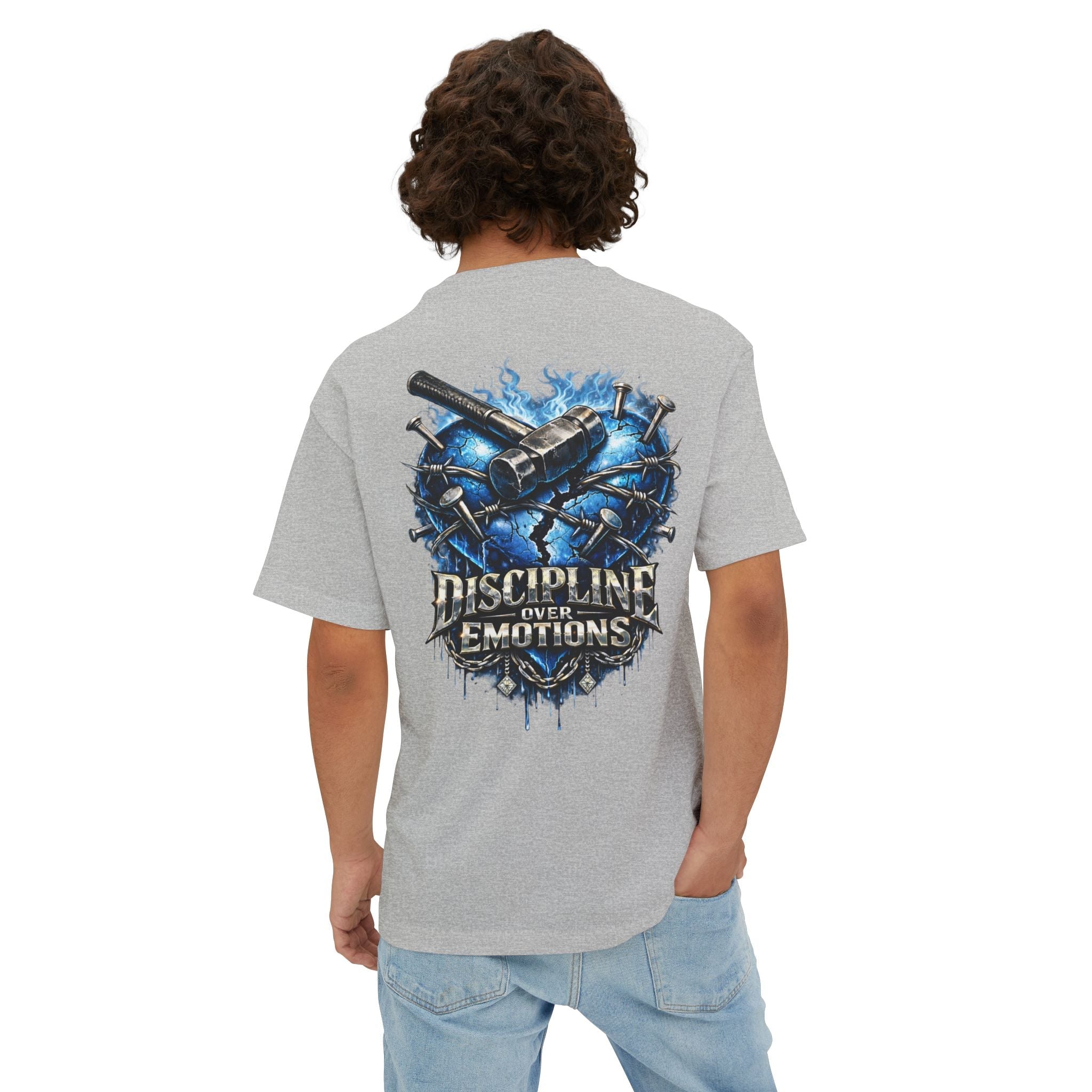Adult *Oversized* Discipline Over Emotions (Back) Graphic Tee (Blue Heart) Printify