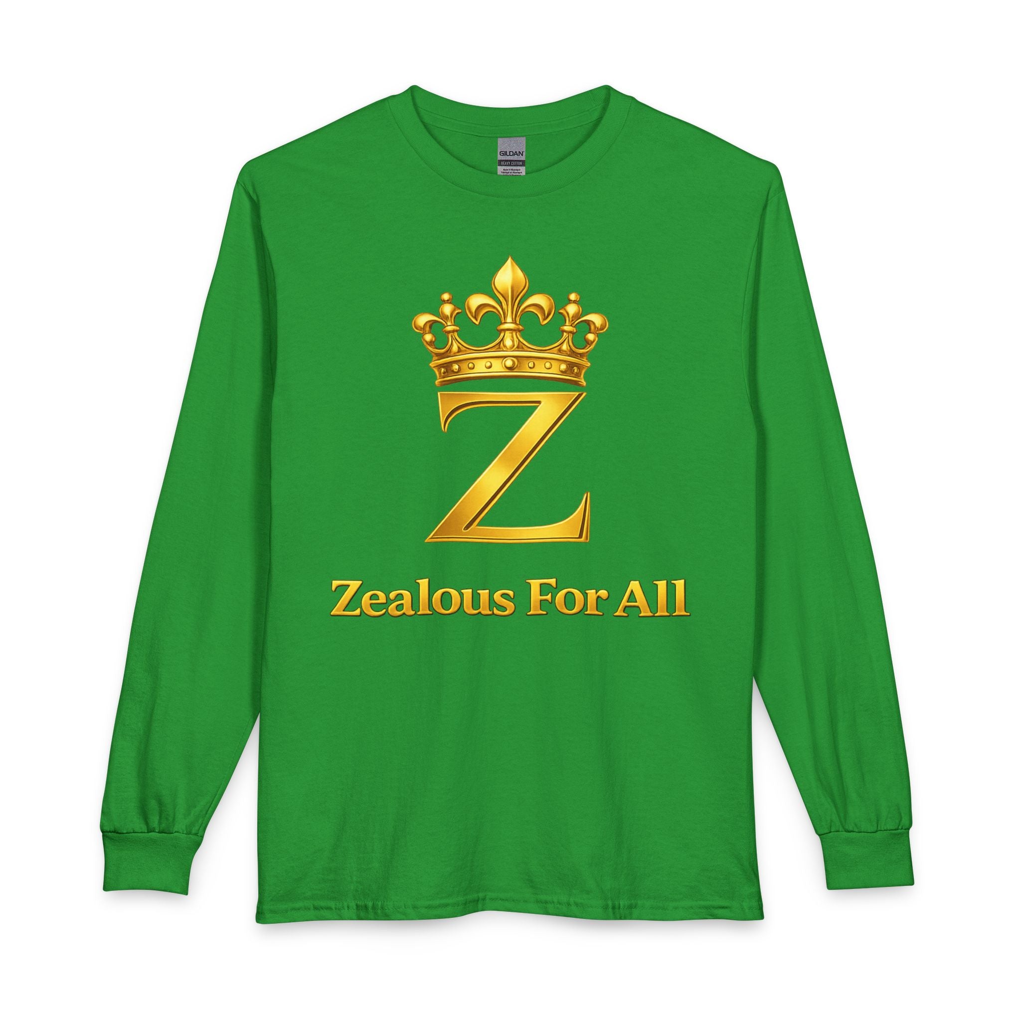 Long Sleeve Shirt — "Zealous For All" Gold Crown Logo, Printify