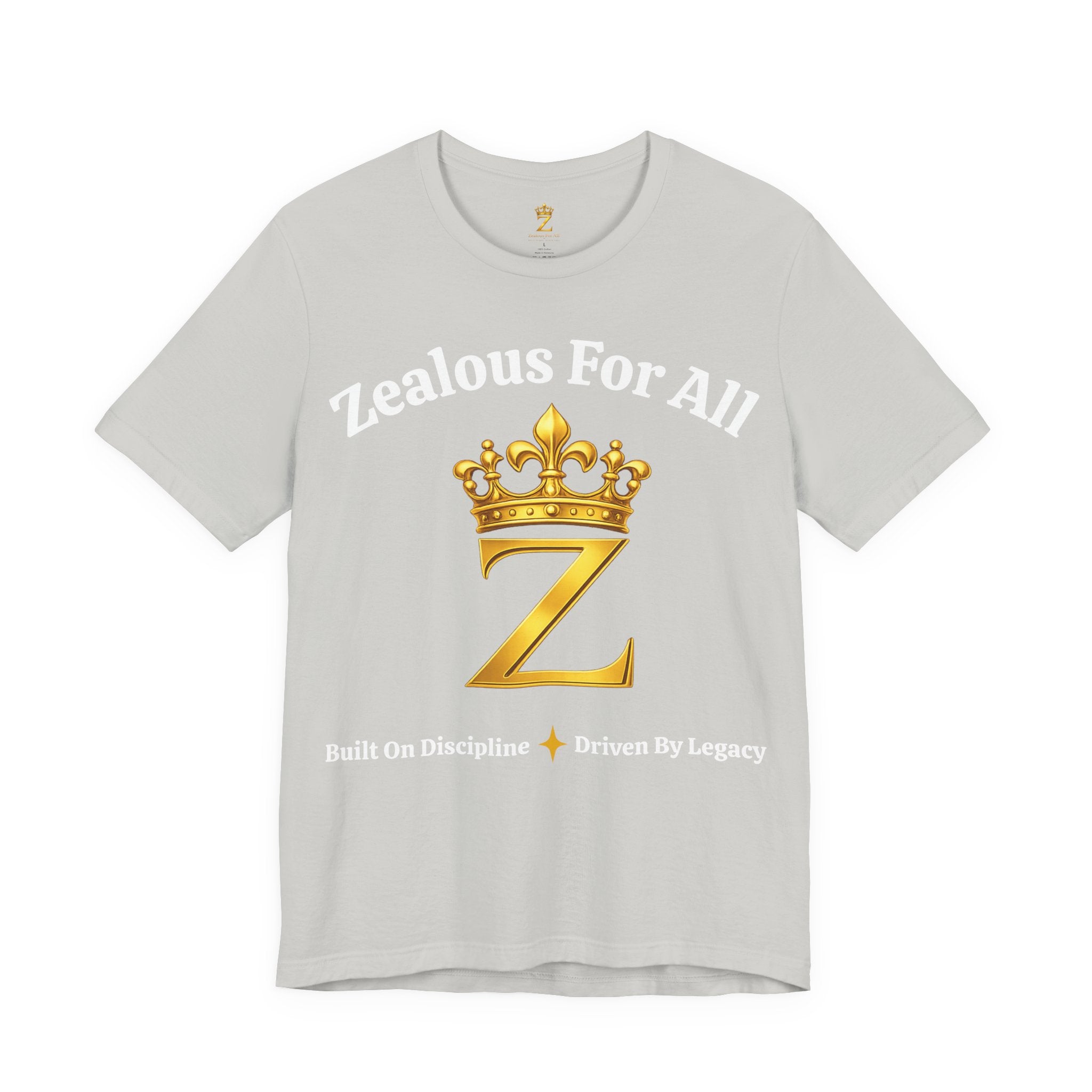 Unisex Luxury Zealous For All T-Shirt (Gold/White Words, Big Logo T-shirt) Printify