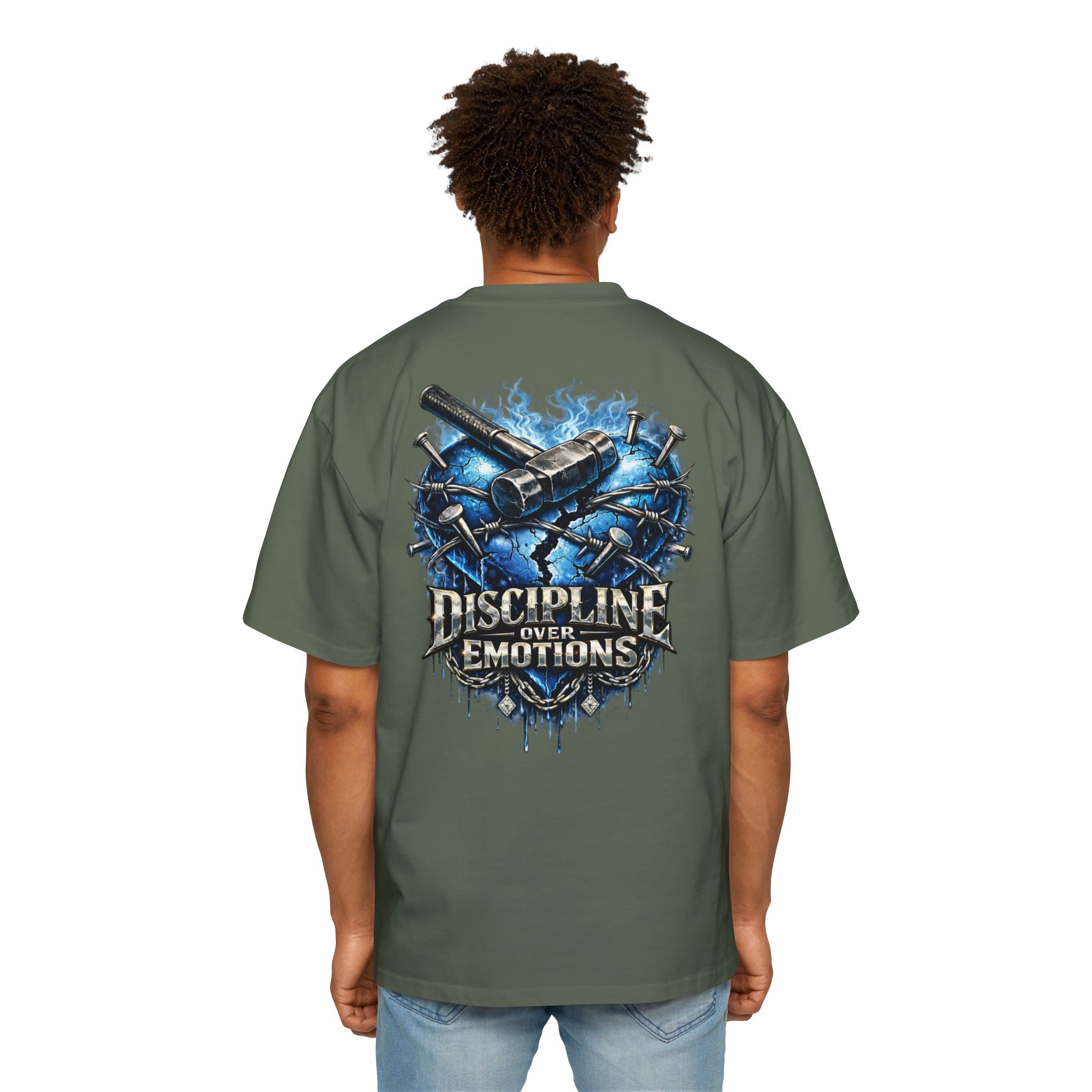 Oversized Discipline Over Emotions (Back) Graphic Tee (Blue Heart) Printify