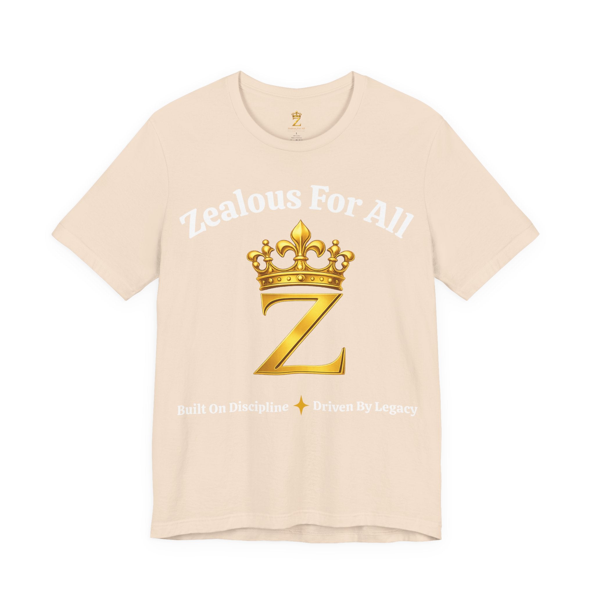 Unisex Luxury Zealous For All T-Shirt (Gold/White Words, Big Logo T-shirt) Printify