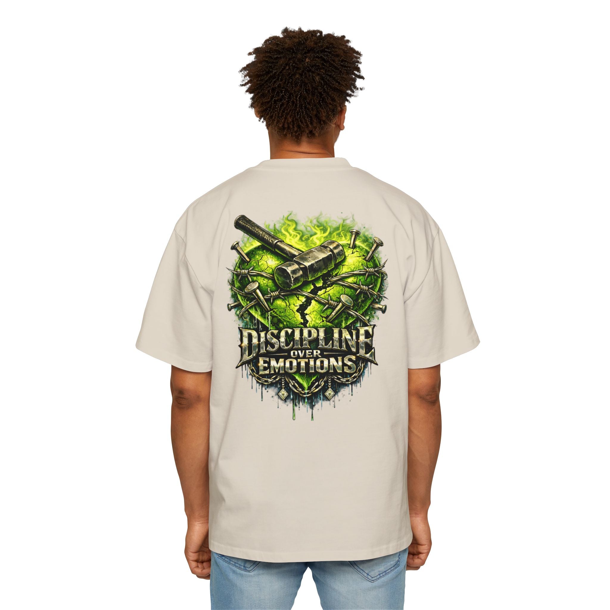 Adult *Oversized* Discipline Over Emotions (Back) Graphic Tee (Lime Green Heart) Printify