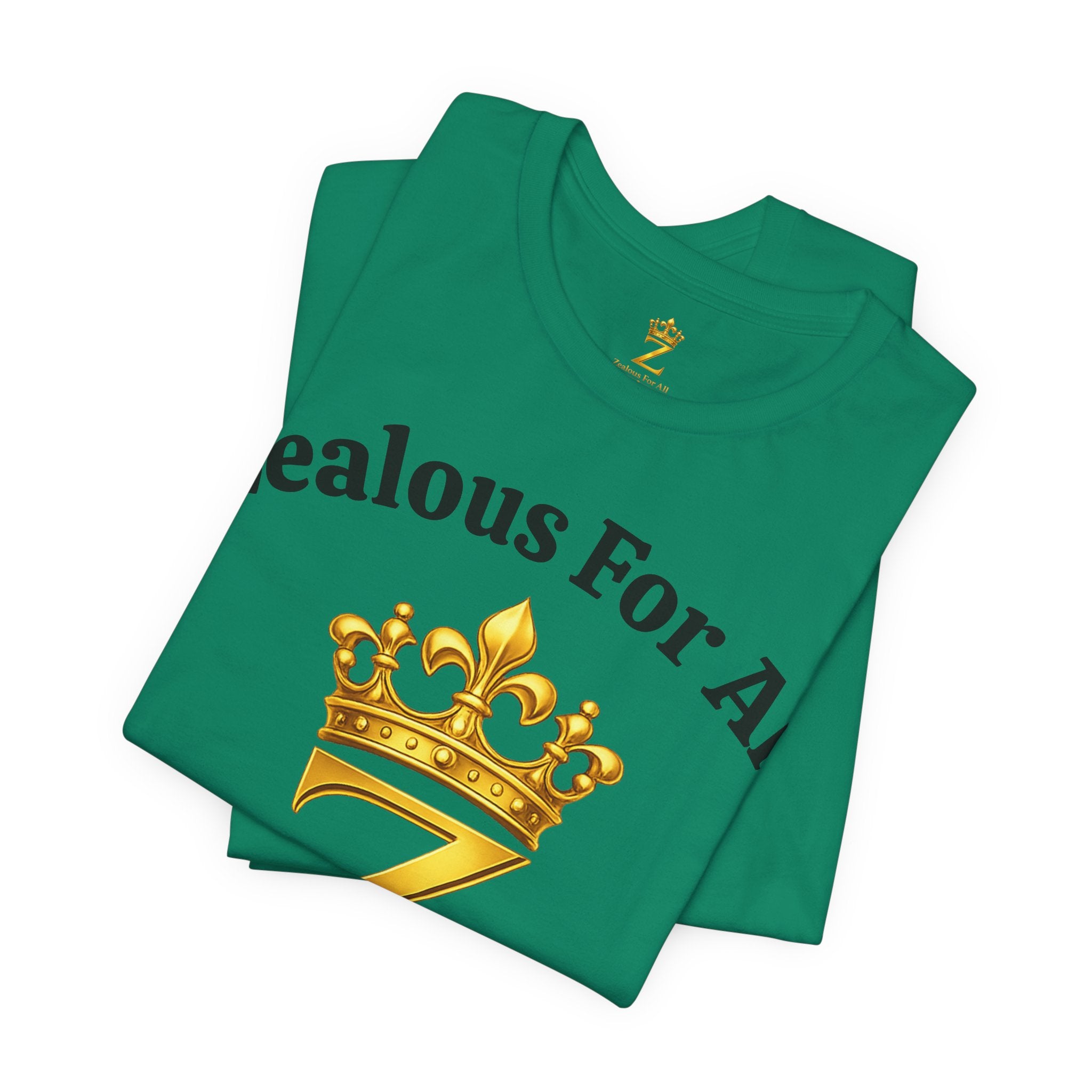 Unisex Luxury Zealous For All T-Shirt (Gold/Black Words, Big Logo T-shirt) Printify