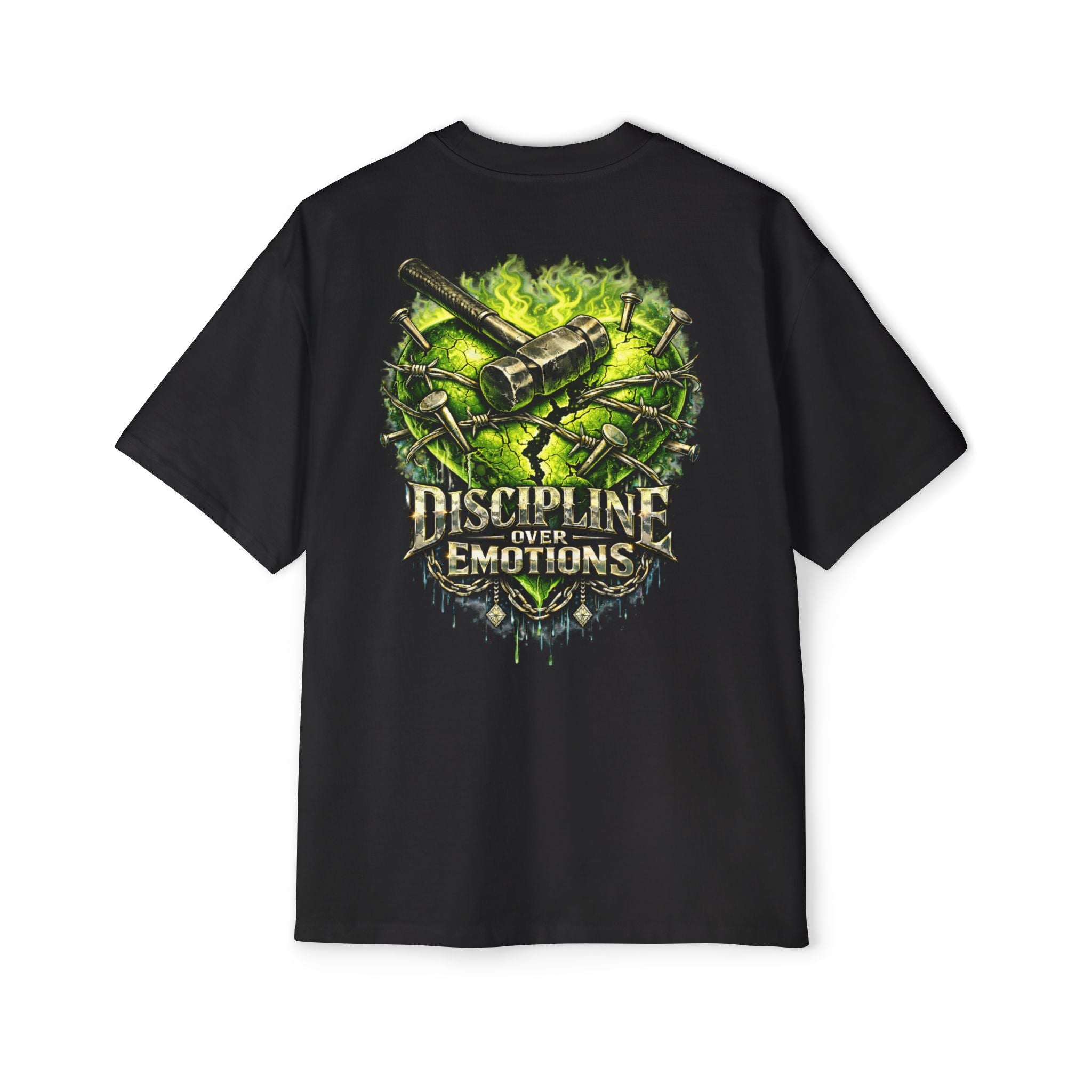 Adult *Oversized* Discipline Over Emotions (Back) Graphic Tee (Lime Green Heart) Printify