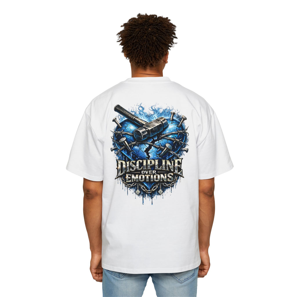 Oversized Discipline Over Emotions (Back) Graphic Tee (Blue Heart) Printify