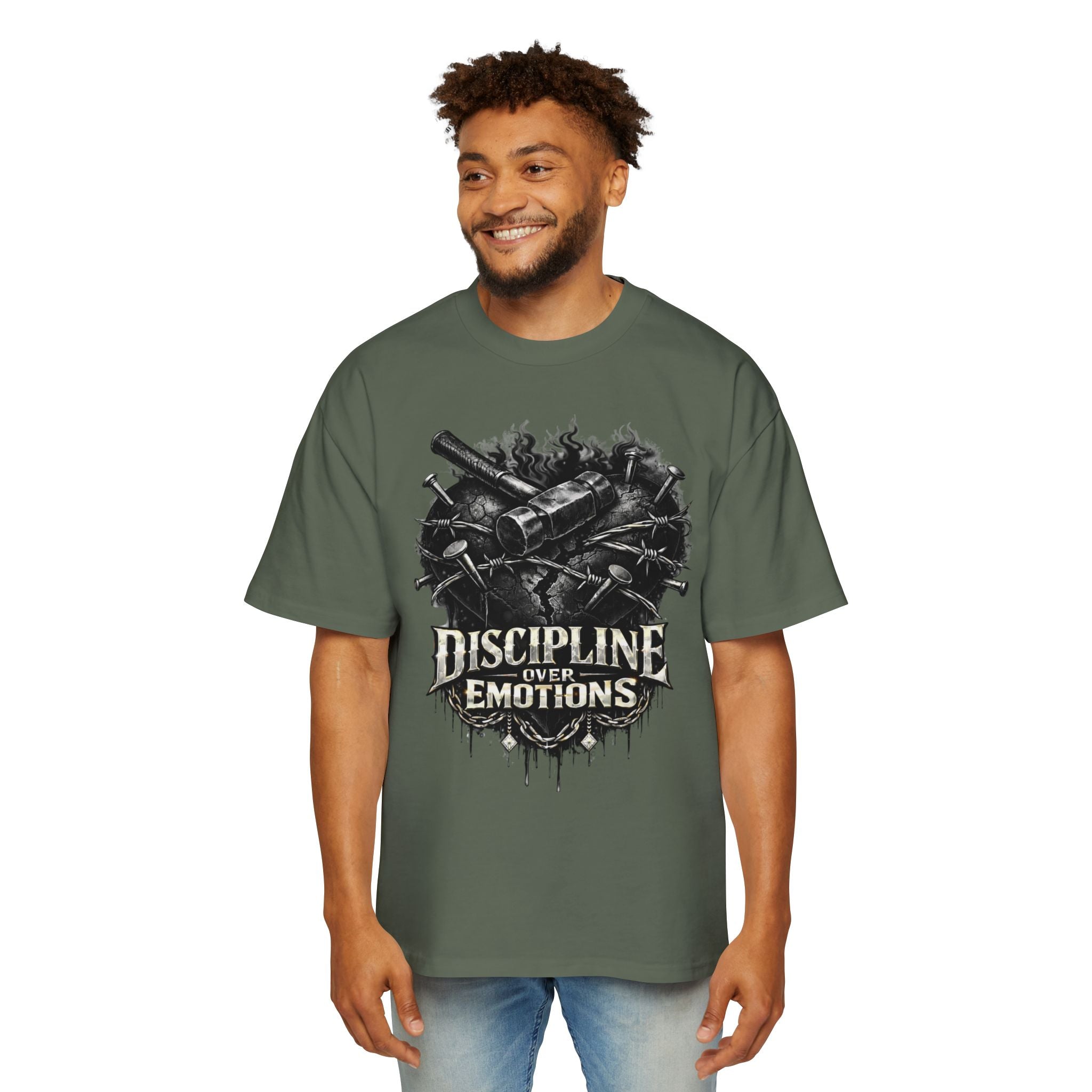 Oversized Discipline Over Emotions Graphic Tee (Black Heart) Printify