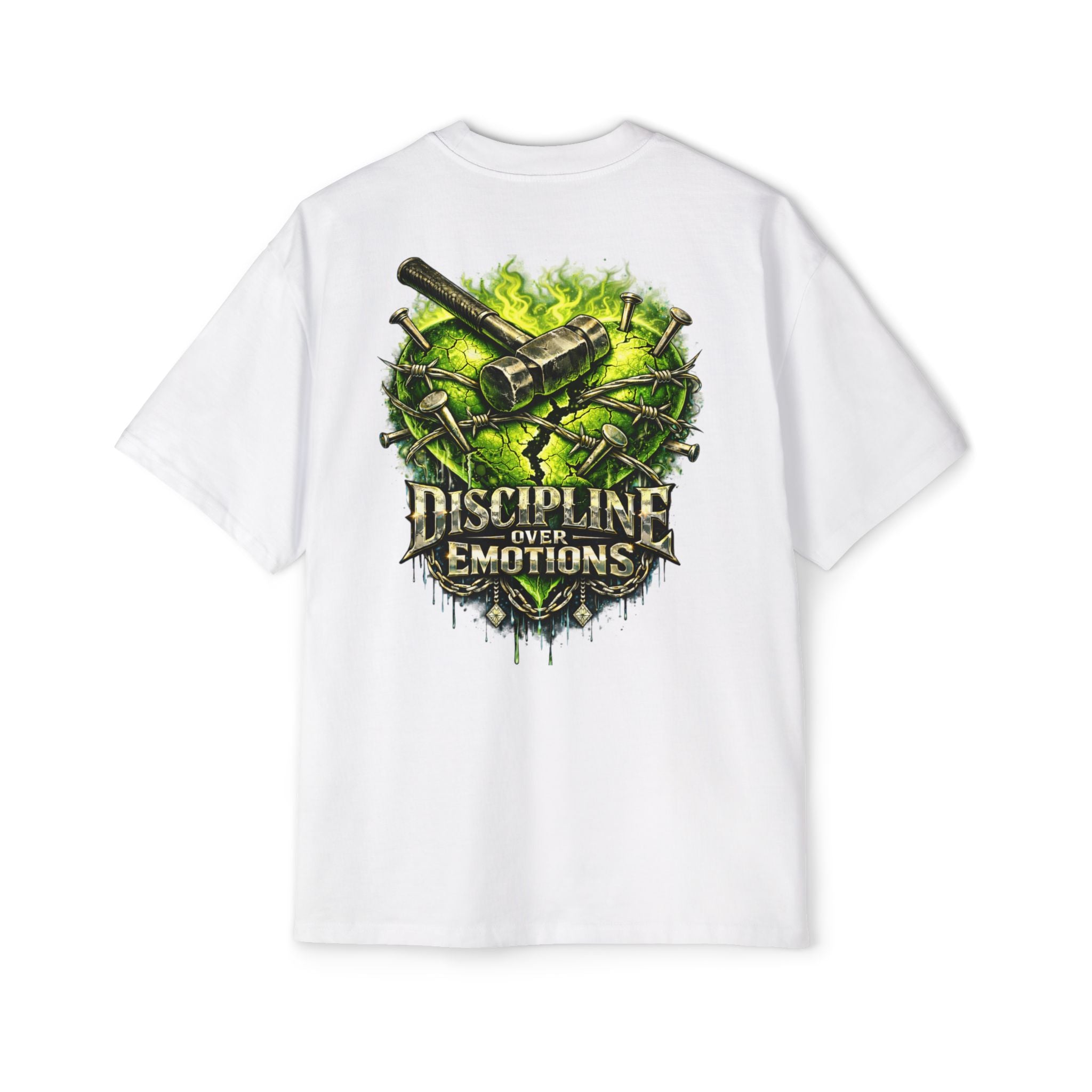 Adult *Oversized* Discipline Over Emotions (Back) Graphic Tee (Lime Green Heart) Printify