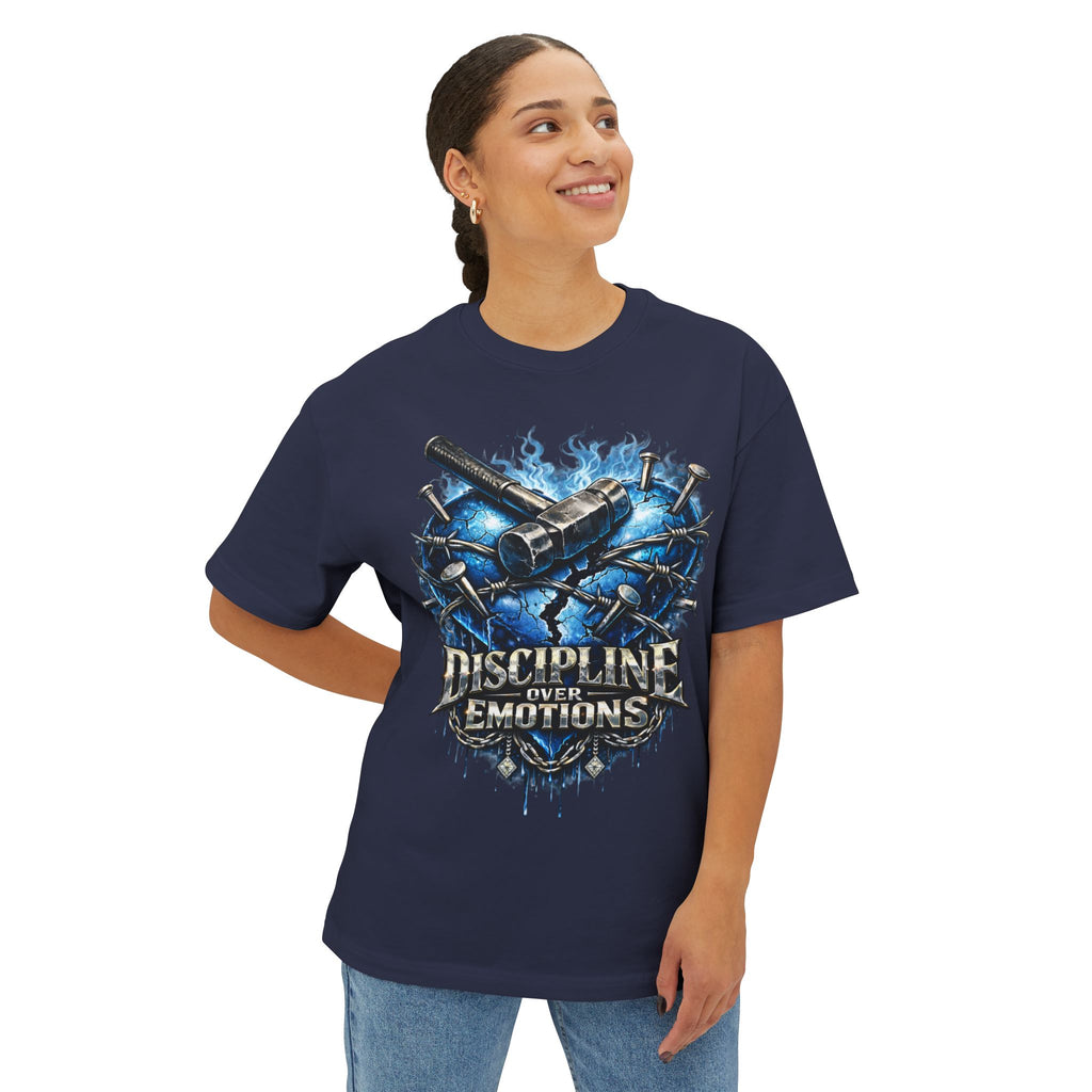 Adult *Oversized* Discipline Over Emotions Graphic T-Shirt (Blue Heart) - Zealous For All