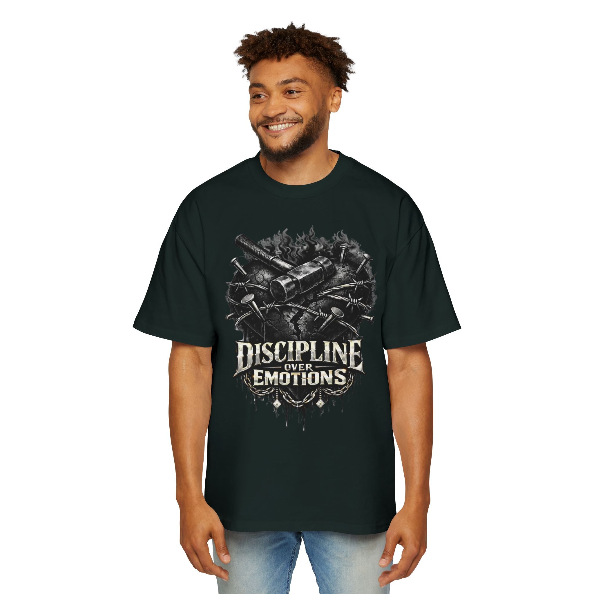 Oversized Discipline Over Emotions Graphic Tee (Black Heart) Printify
