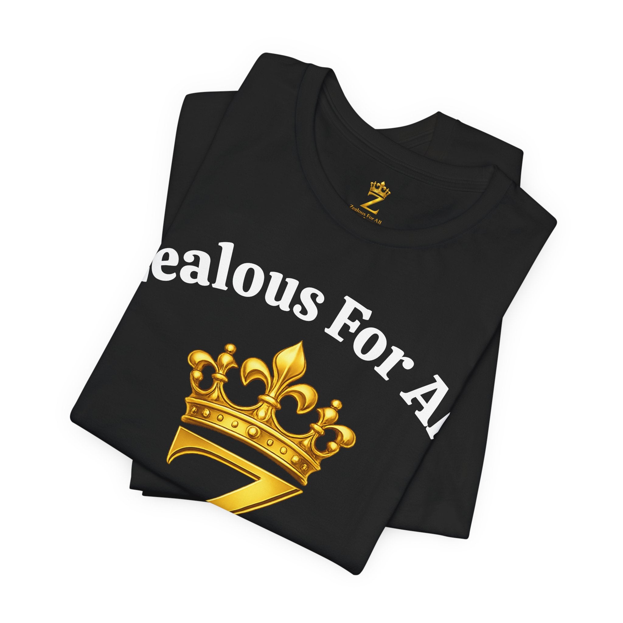 Unisex Luxury Zealous For All T-Shirt (Gold/White Words, Big Logo T-shirt) Printify