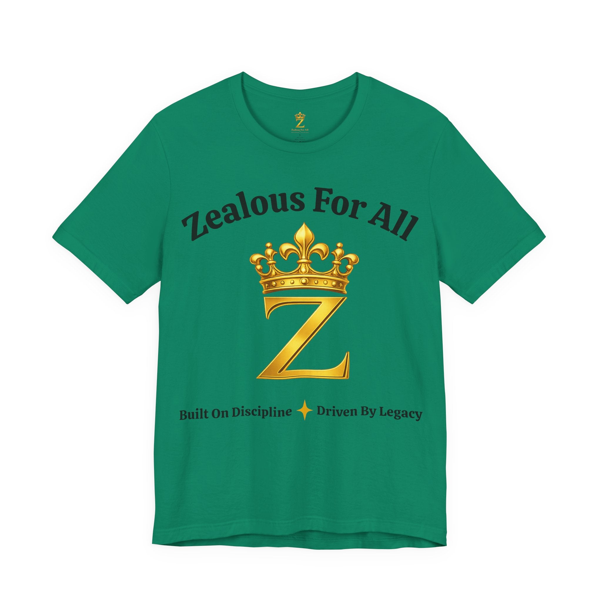 Unisex Luxury Zealous For All T-Shirt (Gold/Black Words, Big Logo T-shirt) Printify