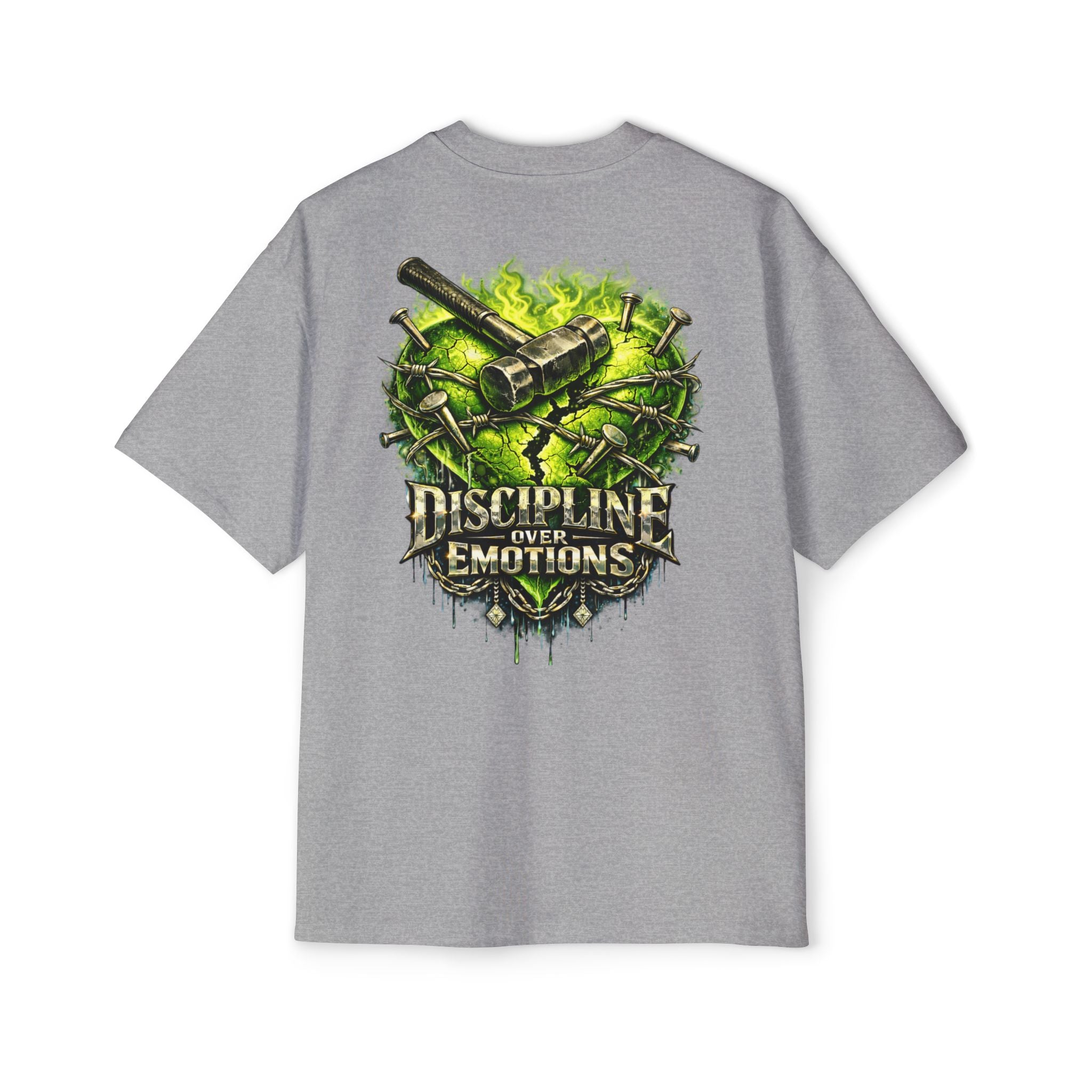 Adult *Oversized* Discipline Over Emotions (Back) Graphic Tee (Lime Green Heart) Printify
