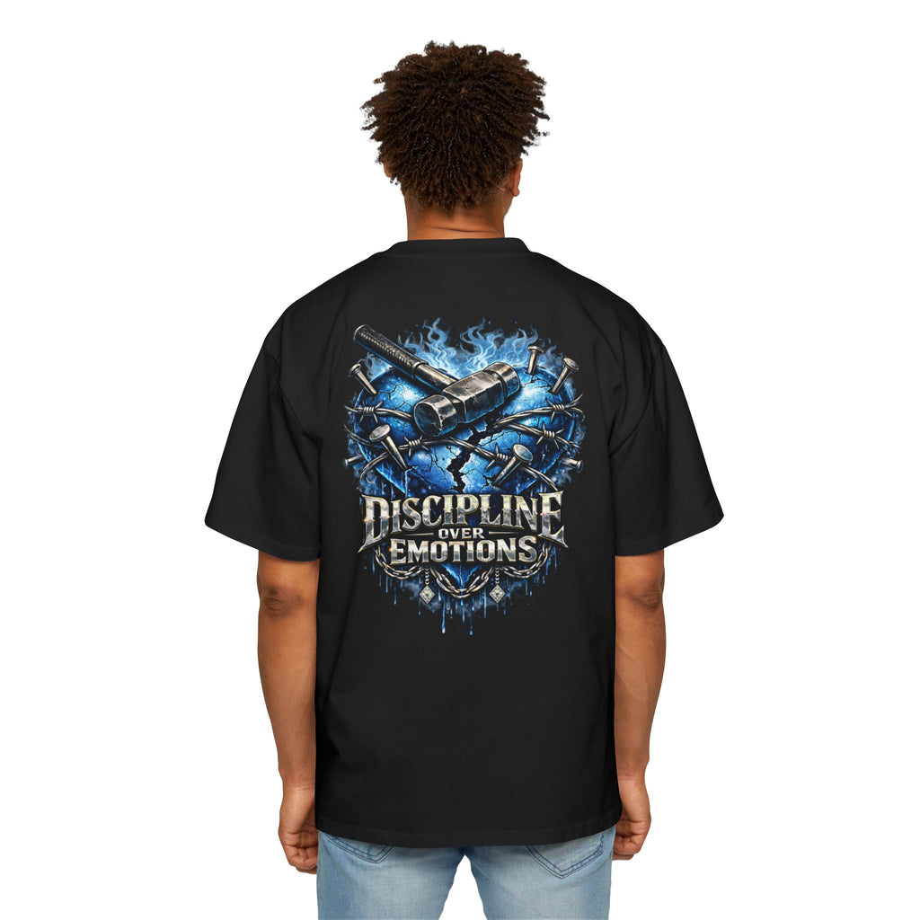 Oversized Discipline Over Emotions (Back) Graphic Tee (Blue Heart) Printify
