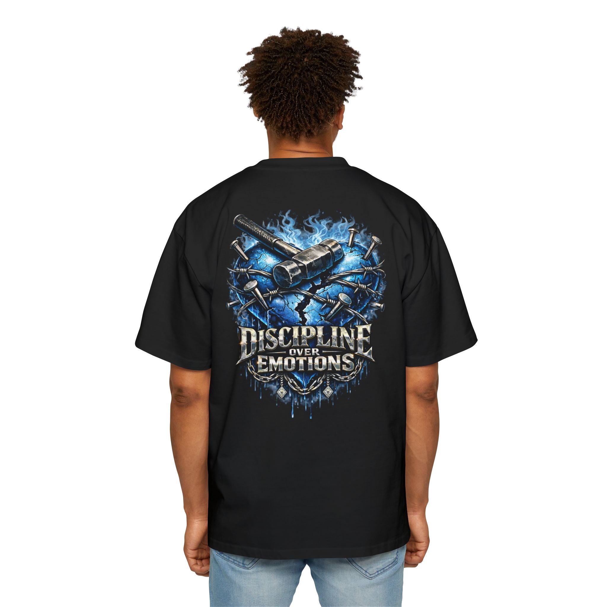 Oversized Discipline Over Emotions (Back) Graphic Tee (Blue Heart) Printify