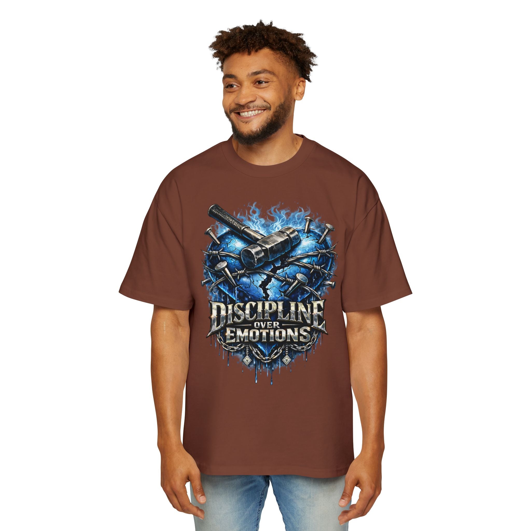 Oversized Discipline Over Emotions Graphic T-Shirt (Blue Heart) Printify