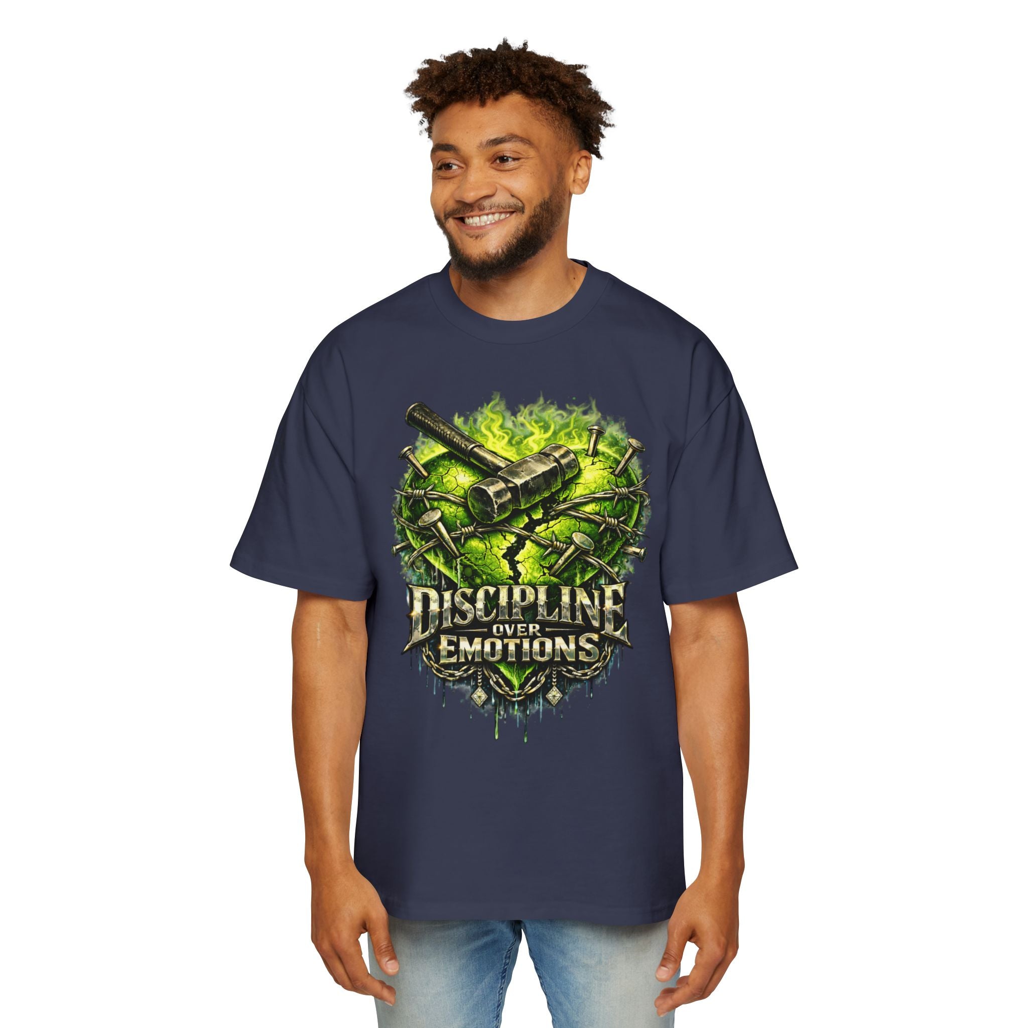 Oversized Discipline Over Emotions Graphic Tee (Green Heart) Printify