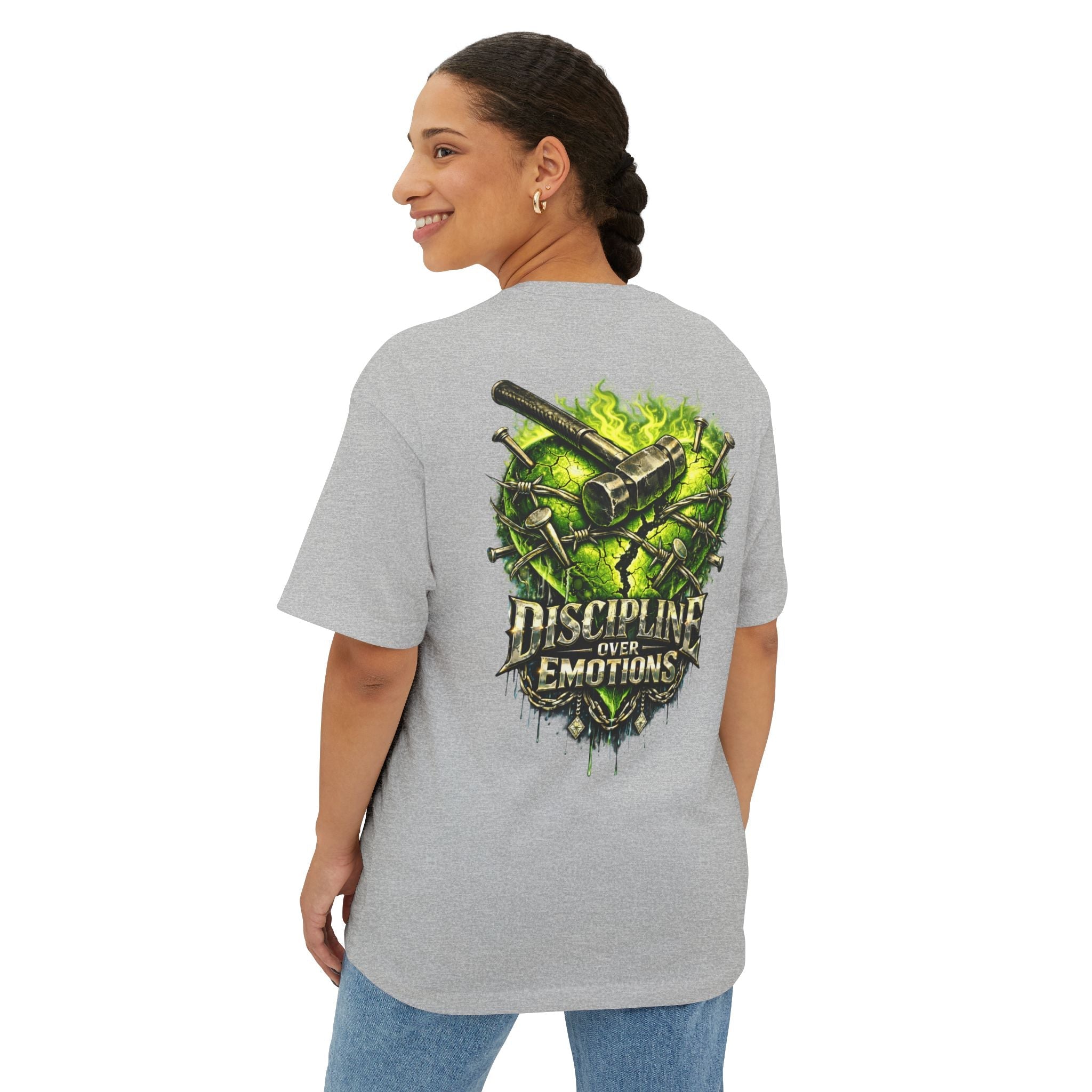 Adult *Oversized* Discipline Over Emotions (Back) Graphic Tee (Lime Green Heart) Printify