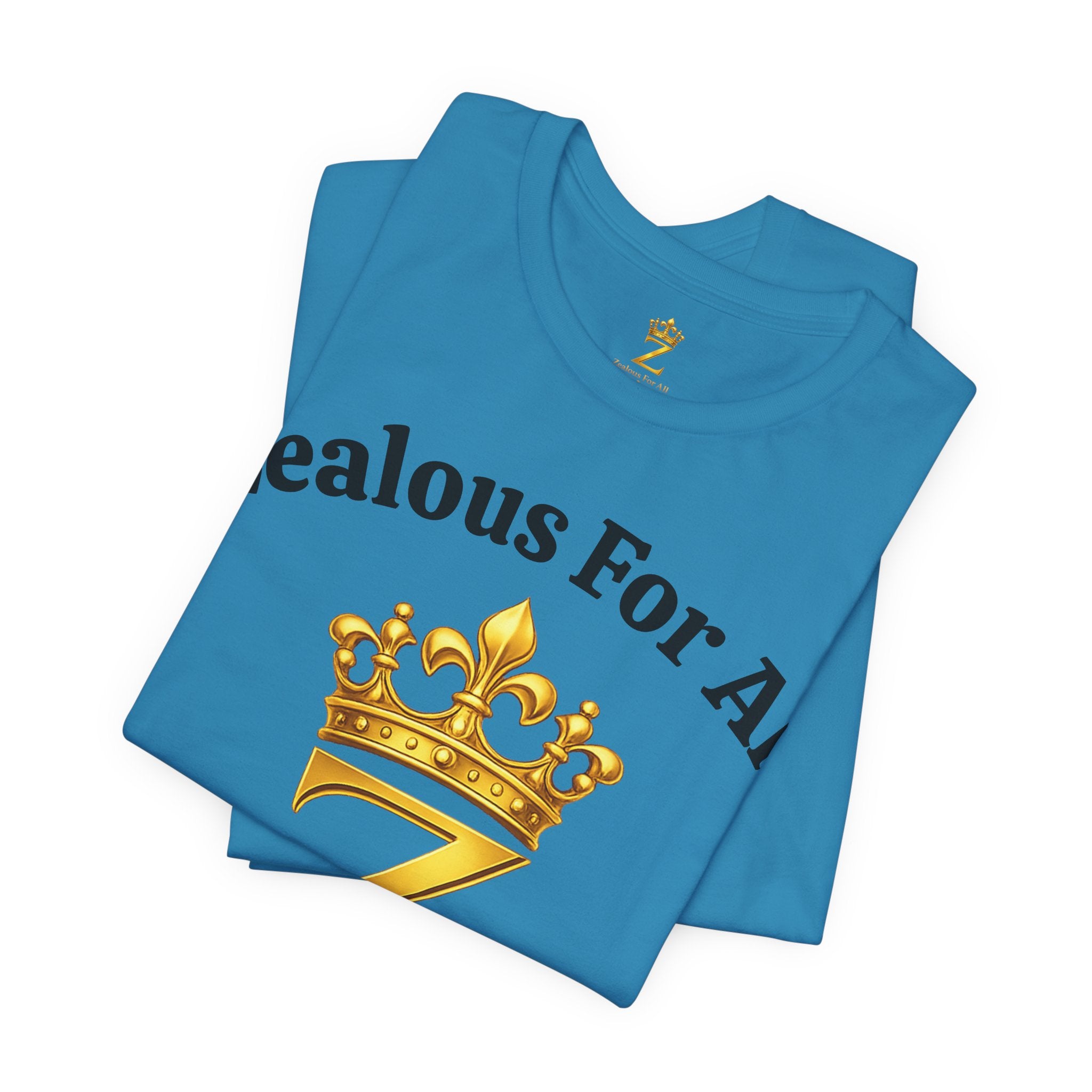 Unisex Luxury Zealous For All T-Shirt (Gold/Black Words, Big Logo T-shirt) Printify