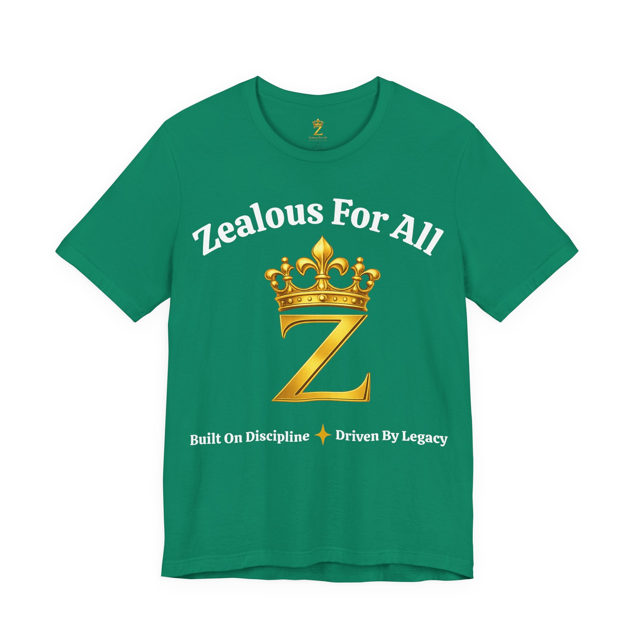 Unisex Luxury Zealous For All T-Shirt (Gold/White Words, Big Logo T-shirt) Printify