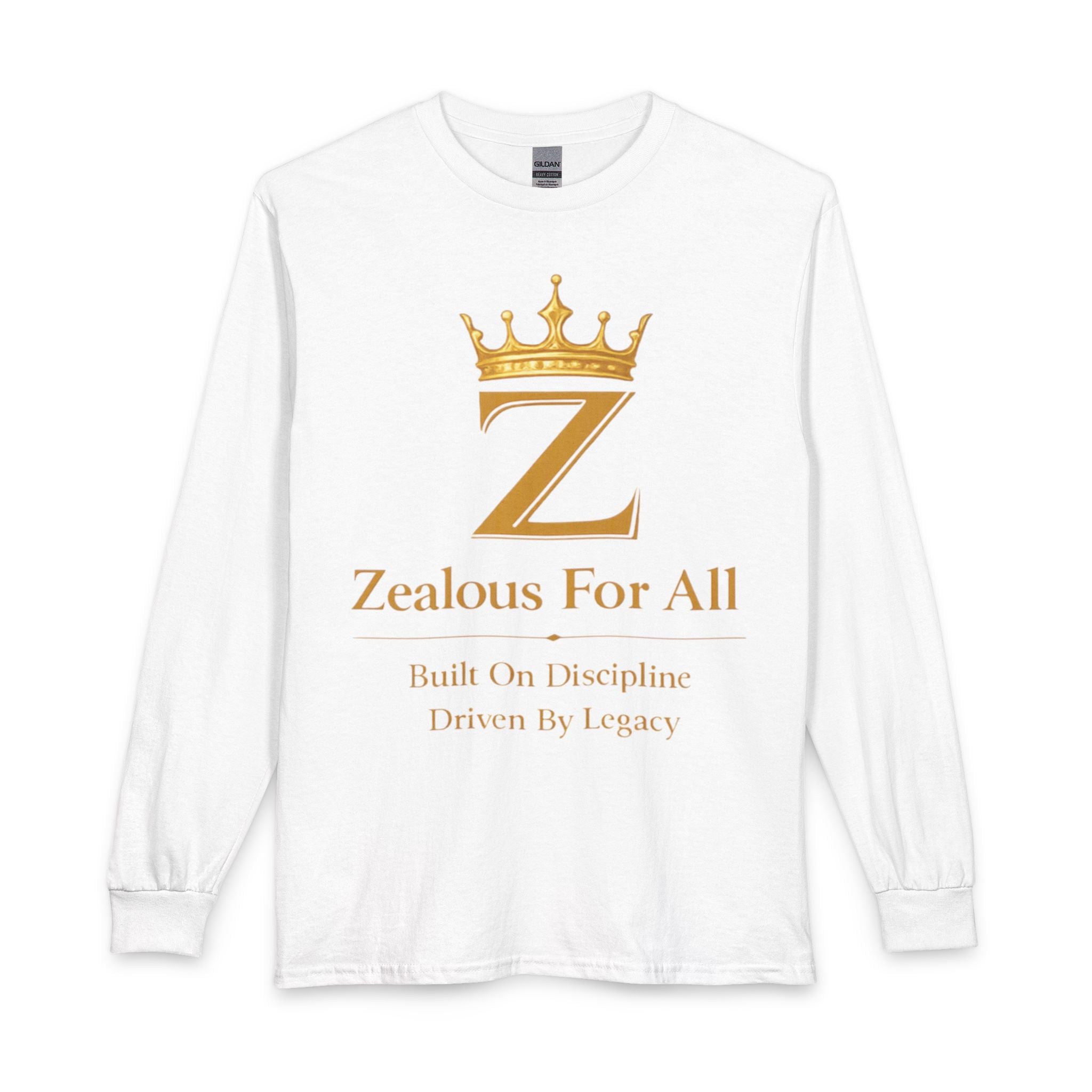 Long Sleeve Shirt — "Zealous For All" Gold Crown Logo, Motivational Athletic Streetwear Printify
