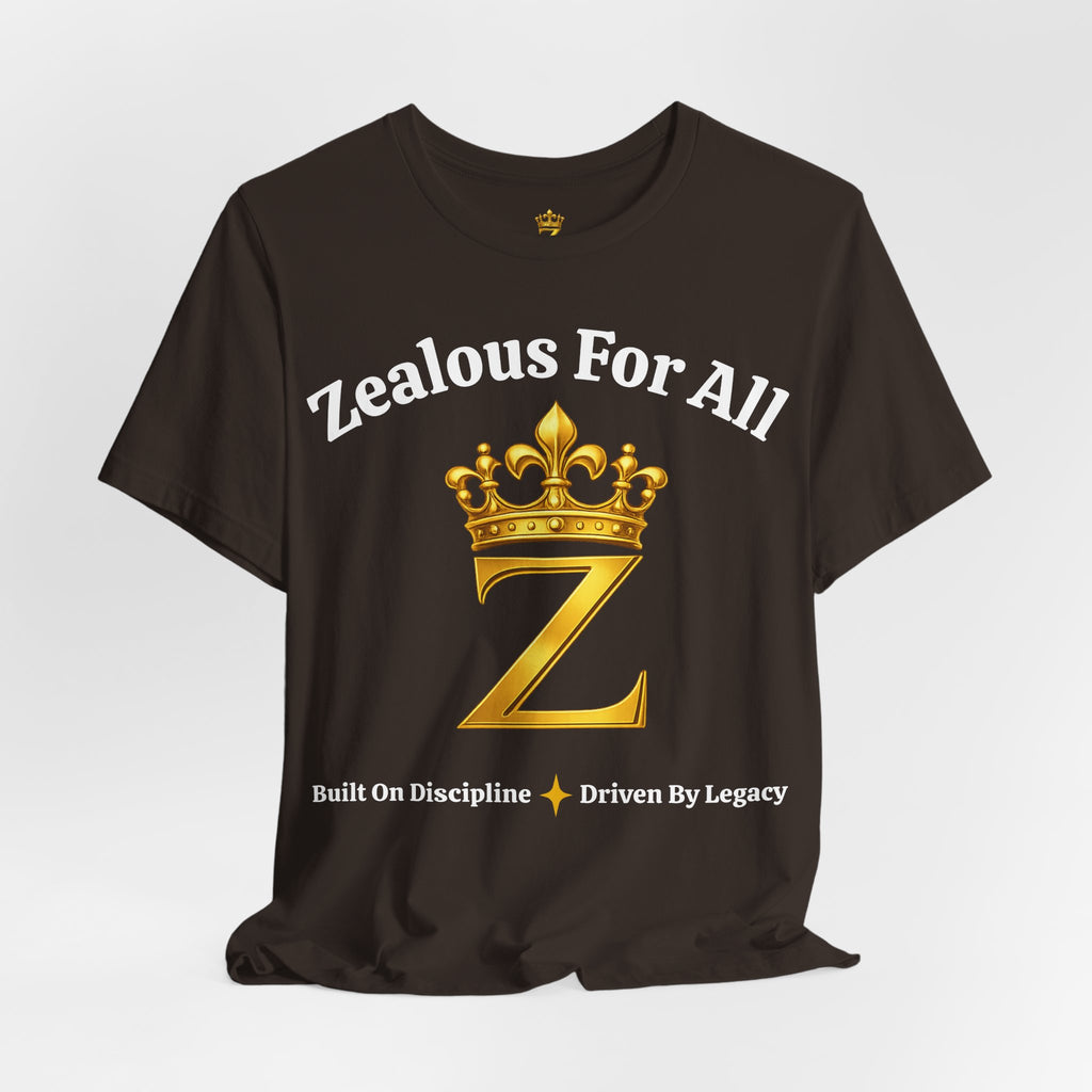 Unisex Luxury Zealous For All T-Shirt (Gold/White Words, Big Logo T-shirt) Printify