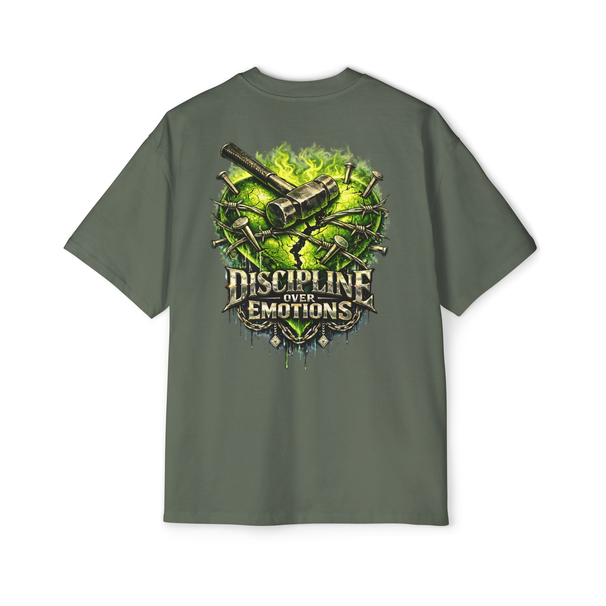Adult *Oversized* Discipline Over Emotions (Back) Graphic Tee (Lime Green Heart) Printify