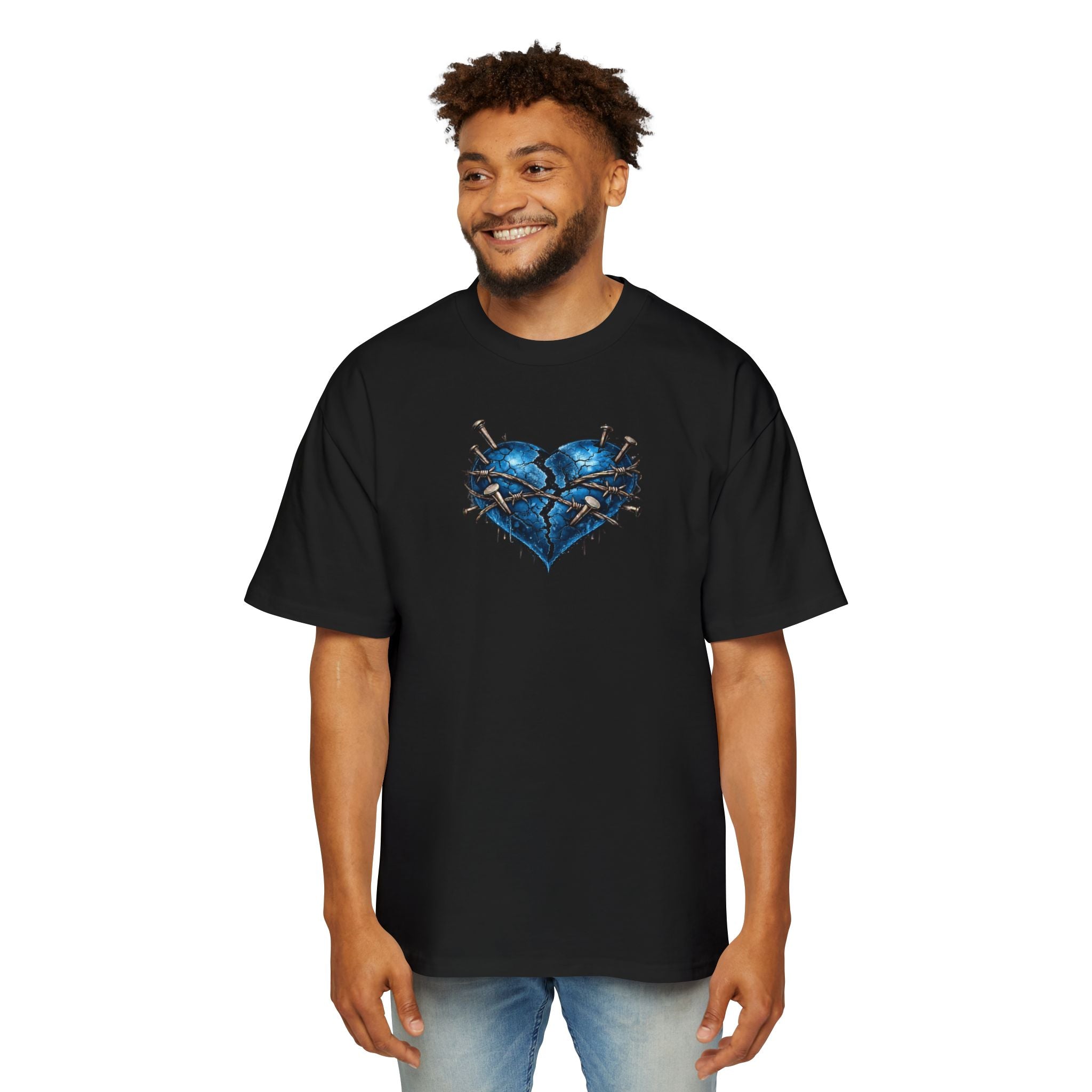 Oversized Discipline Over Emotions (Back) Graphic Tee (Blue Heart) Printify