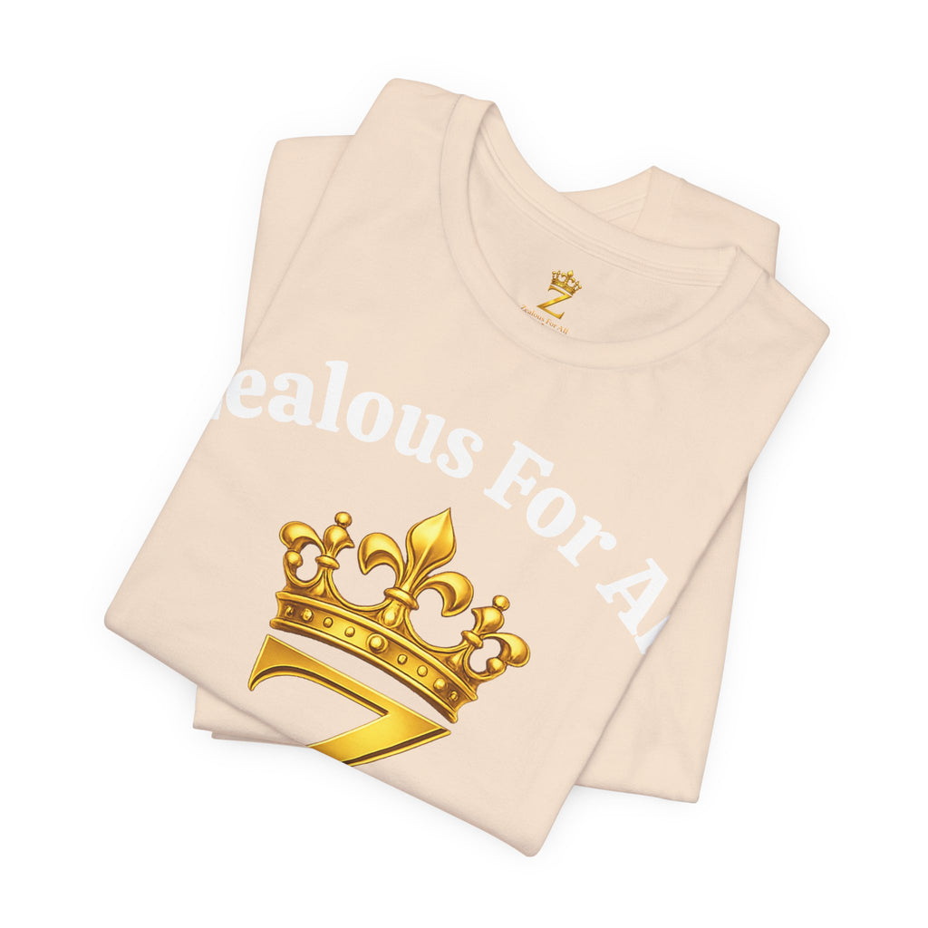 Unisex Luxury Zealous For All T-Shirt (Gold/White Words, Big Logo T-shirt) Printify