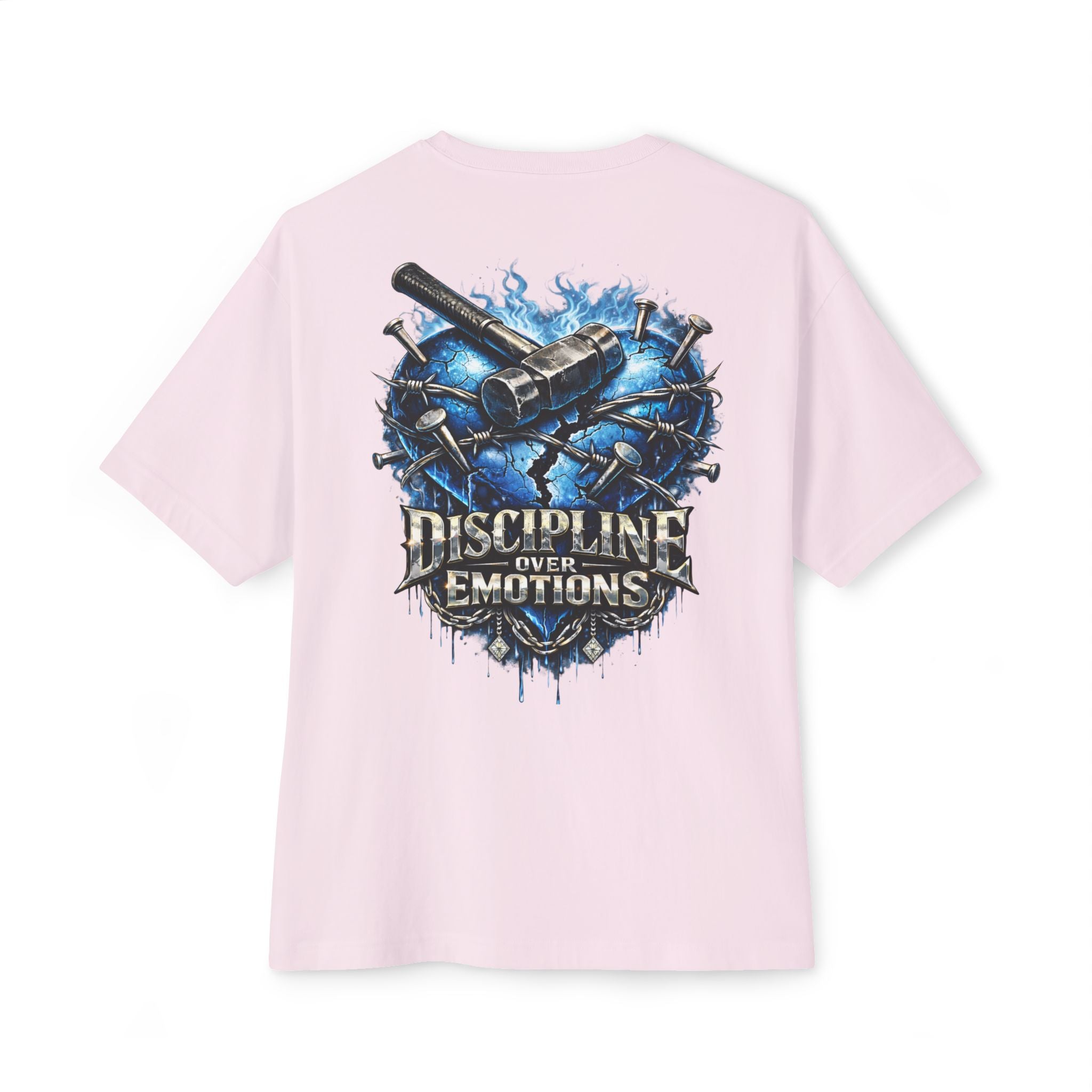 Adult *Oversized* Discipline Over Emotions (Back) Graphic Tee (Blue Heart) Printify