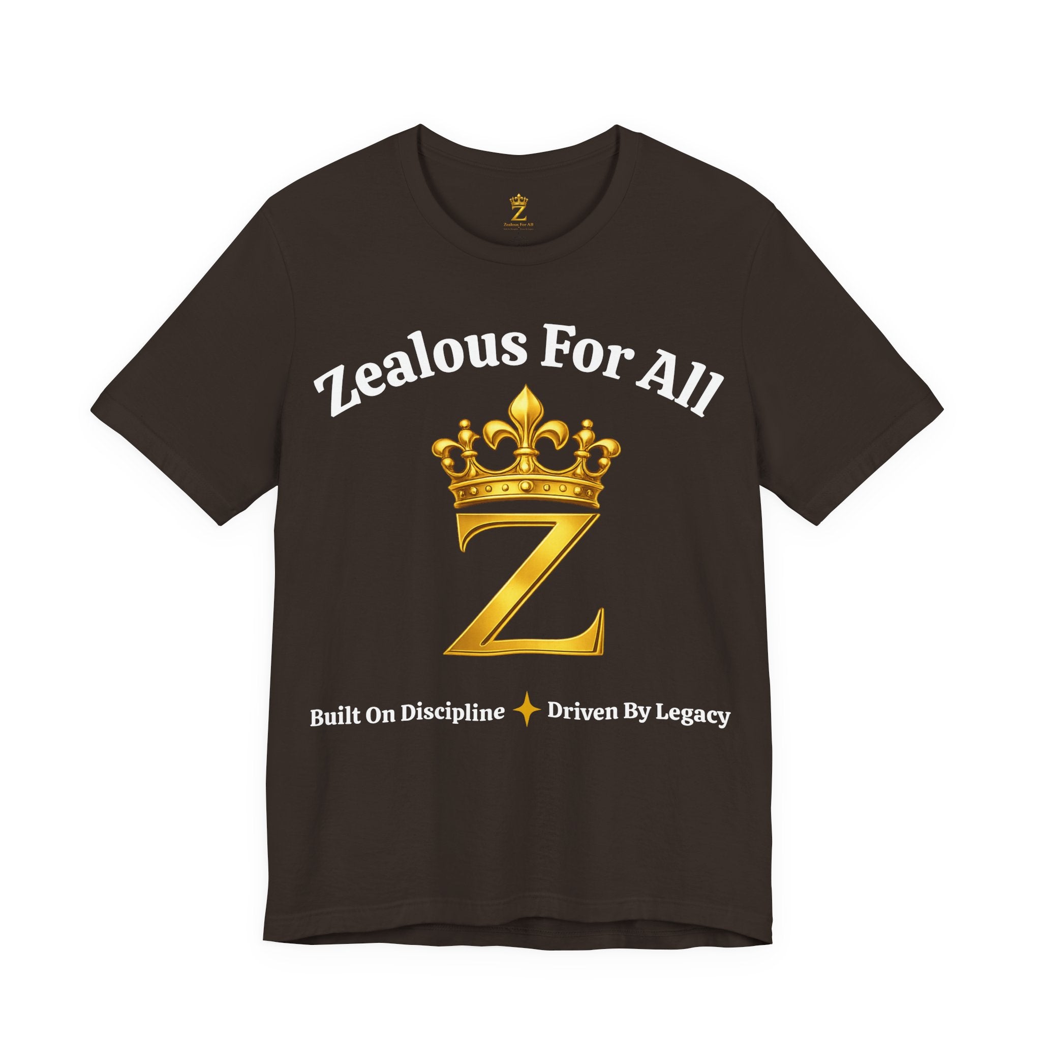 Unisex Luxury Zealous For All T-Shirt (Gold/White Words, Big Logo T-shirt) Printify