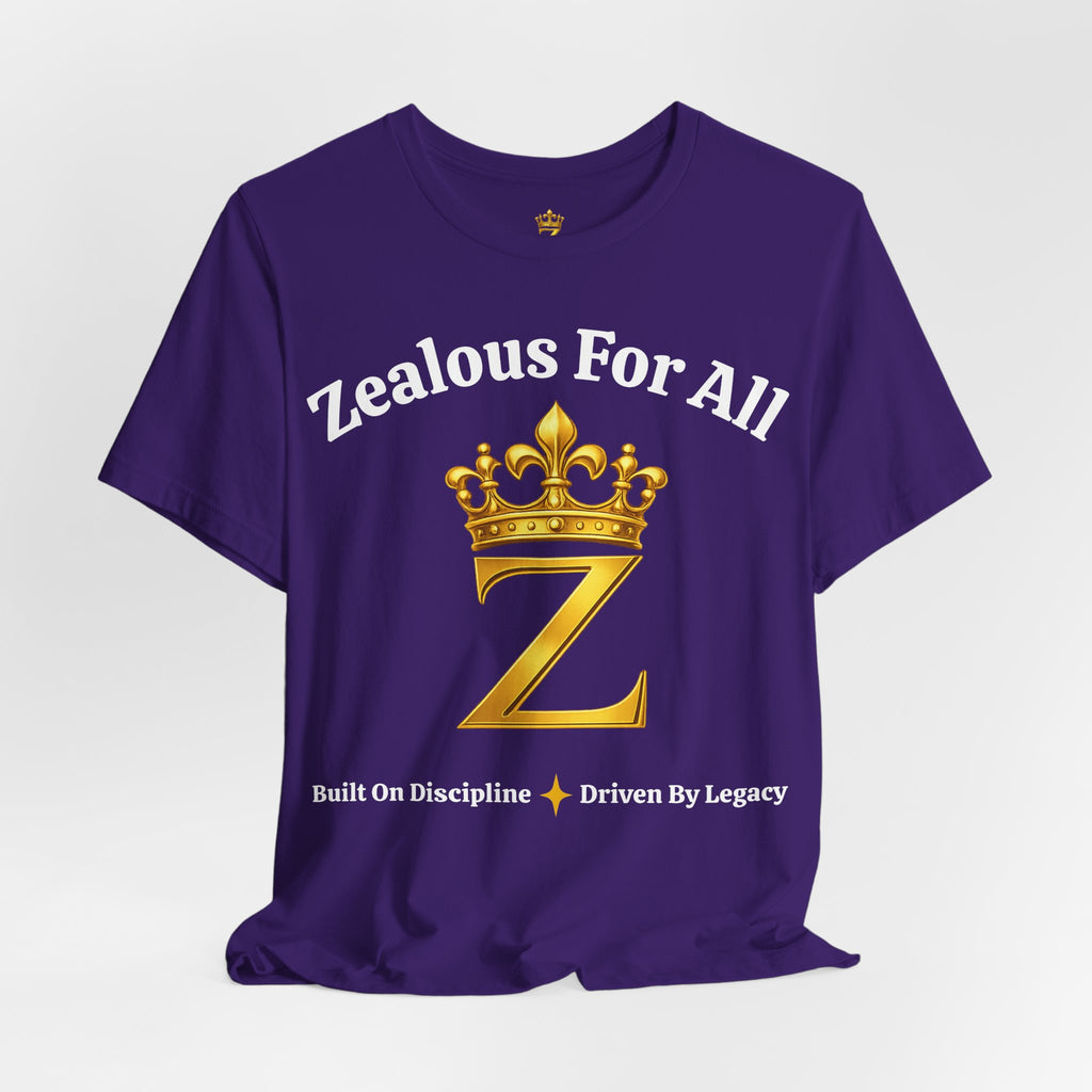 Unisex Luxury Zealous For All T-Shirt (Gold/White Words, Big Logo T-shirt) Printify
