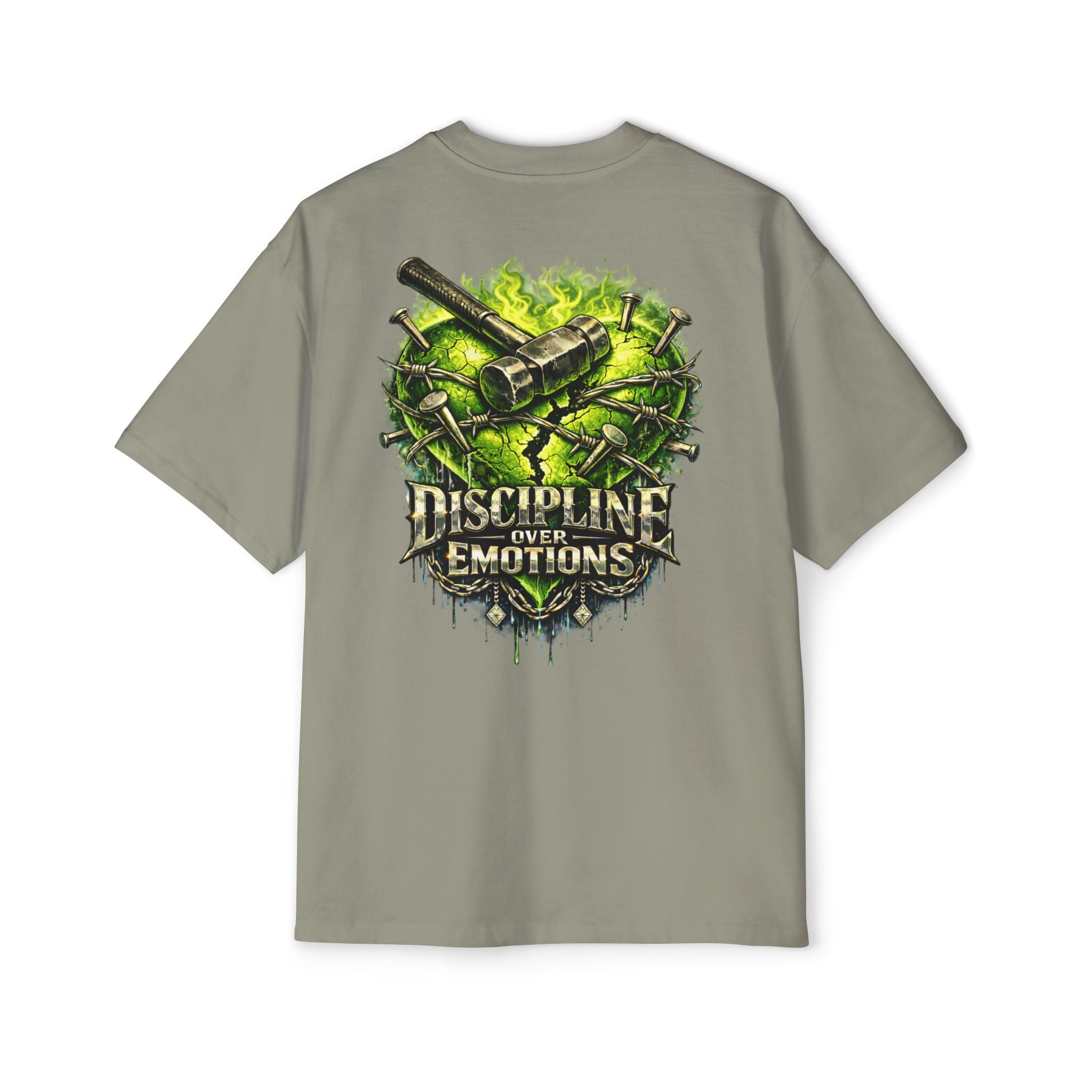 Adult *Oversized* Discipline Over Emotions (Back) Graphic Tee (Lime Green Heart) Printify