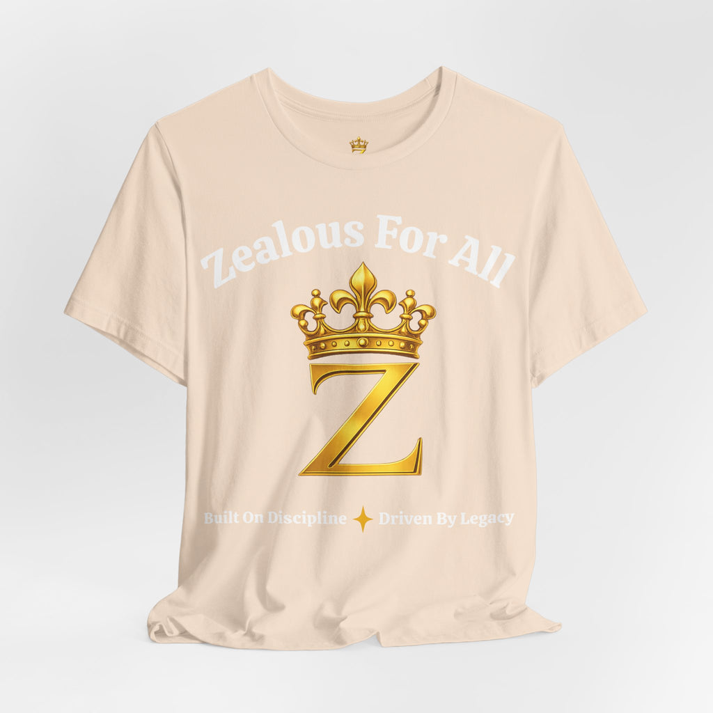 Unisex Luxury Zealous For All T-Shirt (Gold/White Words, Big Logo T-shirt) Printify