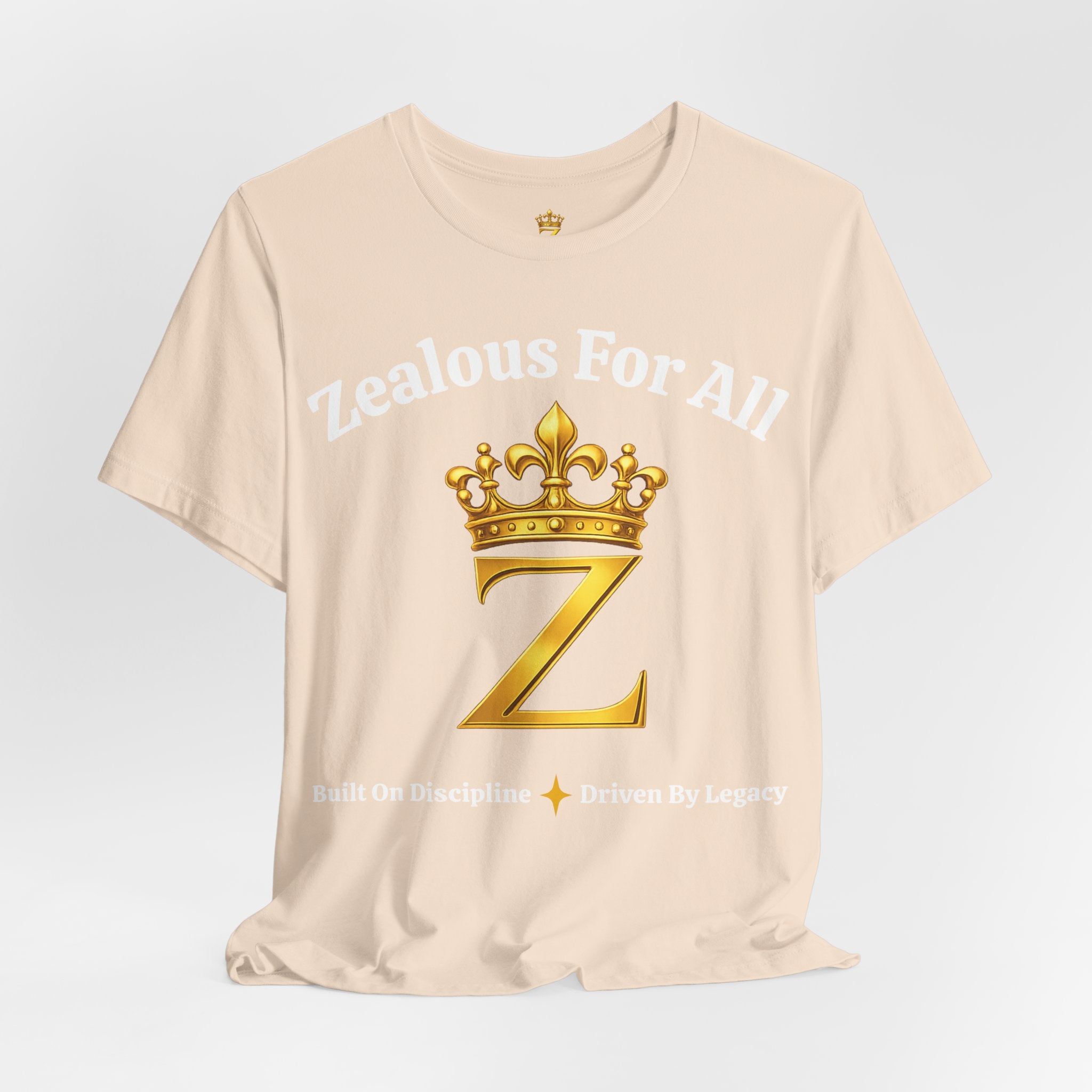 Unisex Luxury Zealous For All T-Shirt (Gold/White Words, Big Logo T-shirt) Printify