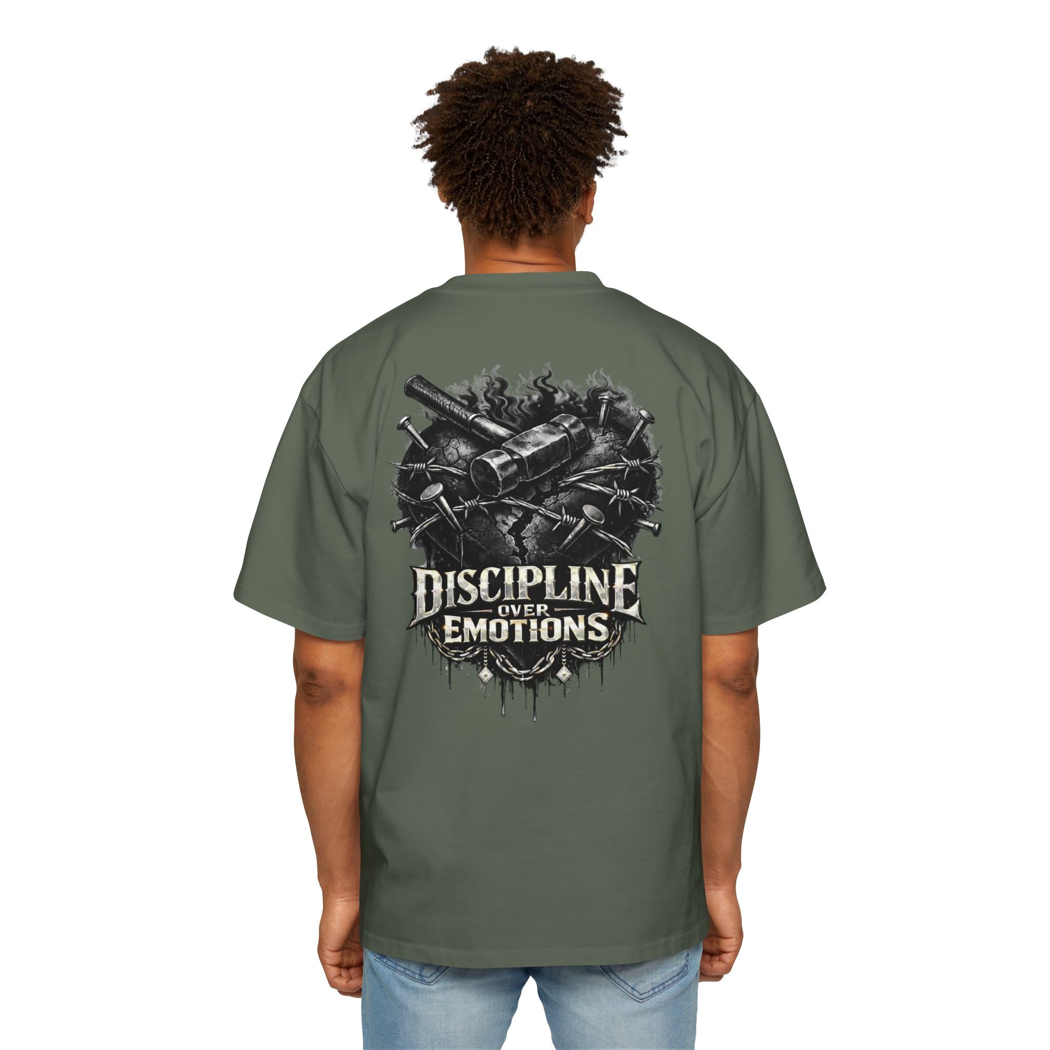 Oversized Discipline Over Emotions (Back) Graphic Tee (Black Heart) Printify