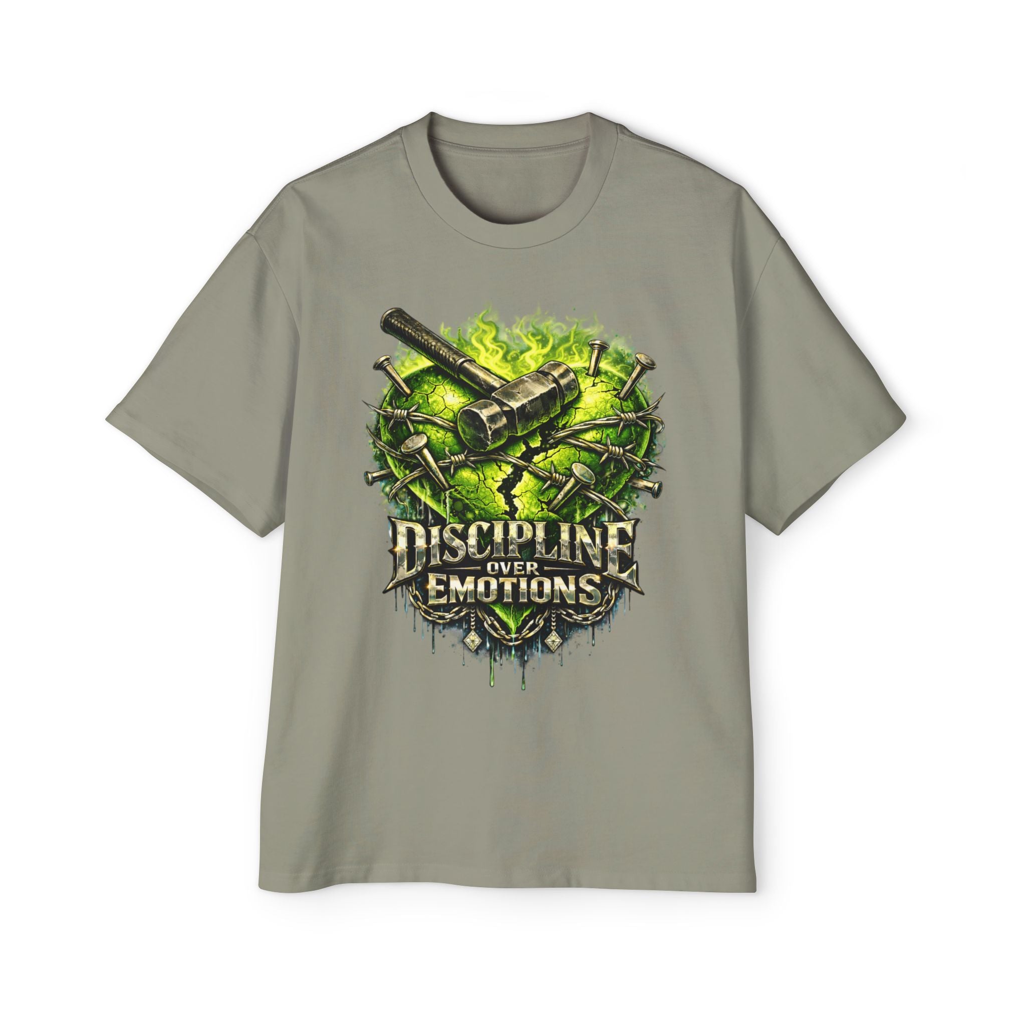 Oversized Discipline Over Emotions Graphic Tee (Green Heart) Printify