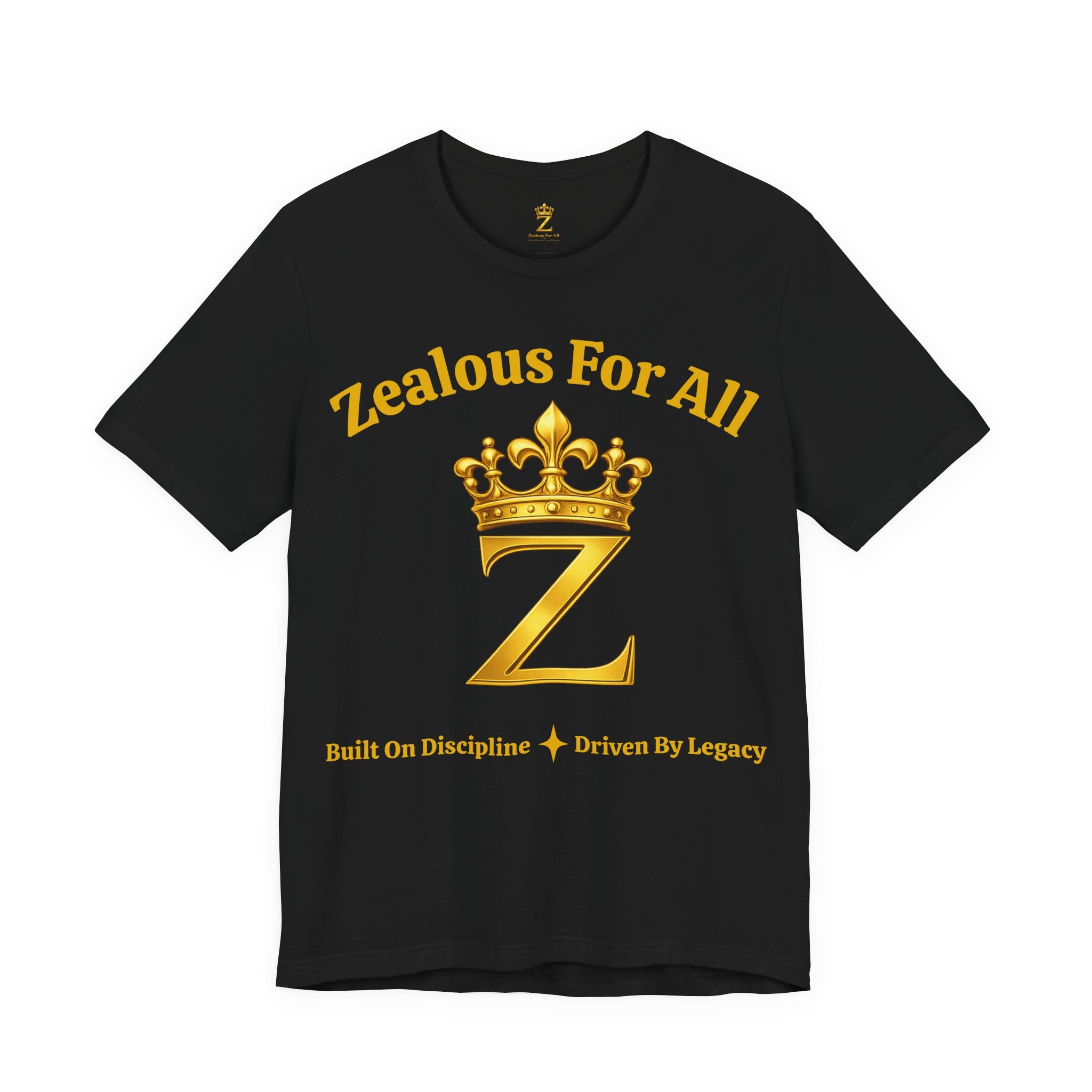 Unisex Luxury Zealous For All T-Shirt (Gold/Black Words, Big Logo T-shirt) Printify