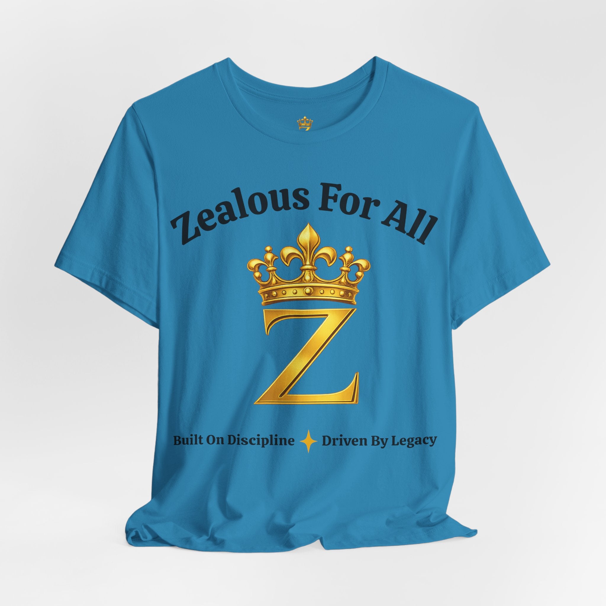 Unisex Luxury Zealous For All T-Shirt (Gold/Black Words, Big Logo T-shirt) Printify