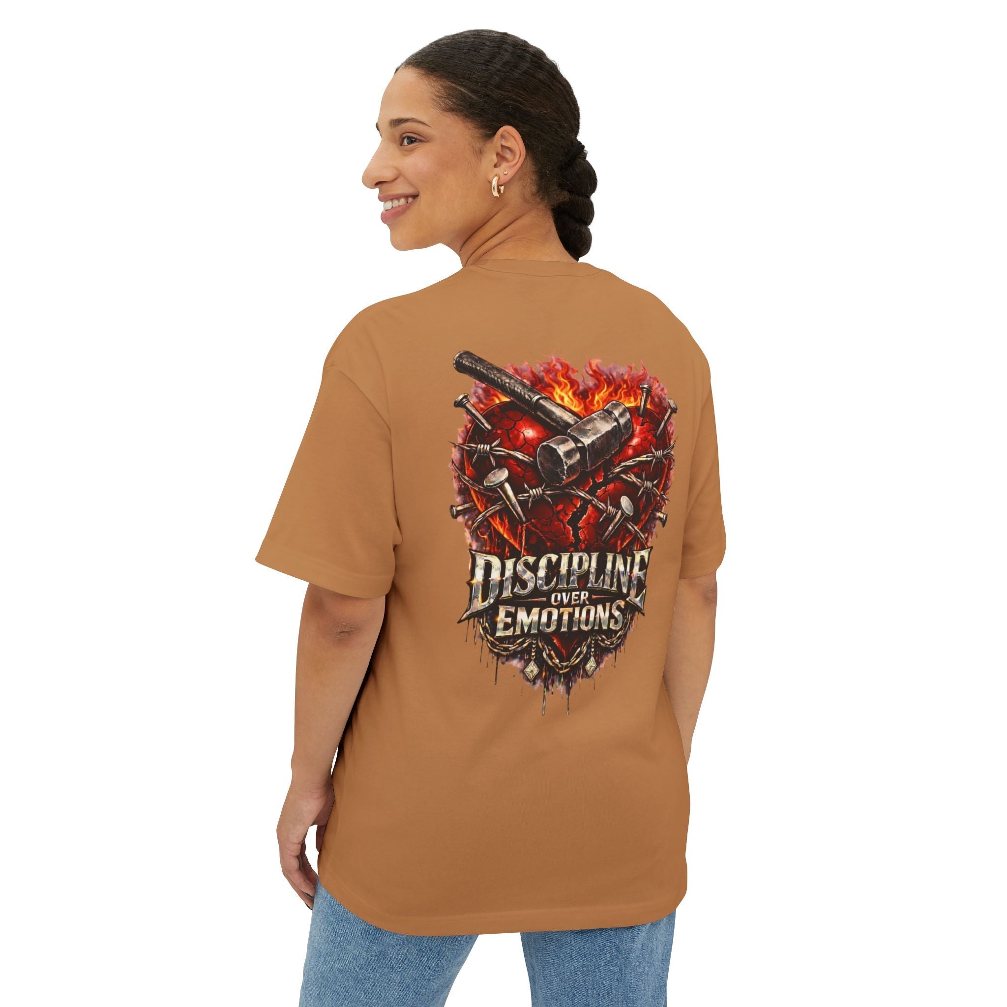 Adult *Oversized* Discipline Over Emotions (Back) Graphic Tee (Red Heart) Printify