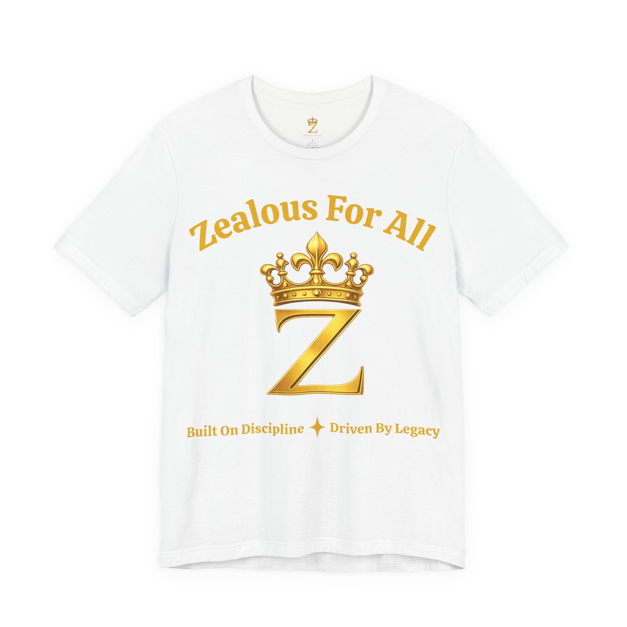 Unisex Luxury Zealous For All T-Shirt (Gold/White Words, Big Logo T-shirt) Printify