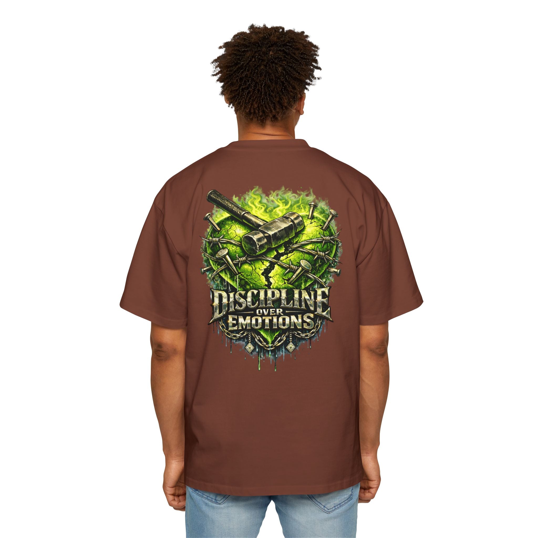 Adult *Oversized* Discipline Over Emotions (Back) Graphic Tee (Lime Green Heart) Printify