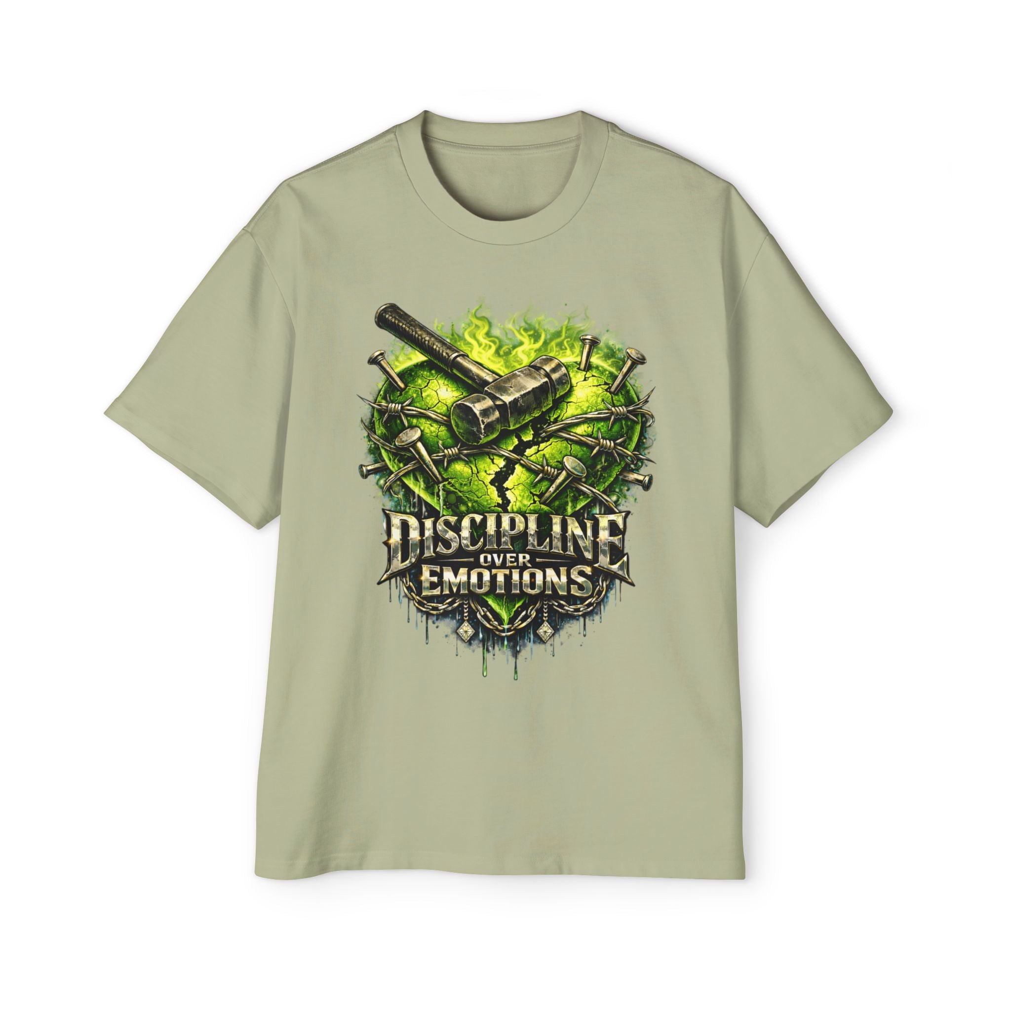 Oversized Discipline Over Emotions Graphic Tee (Green Heart) Printify