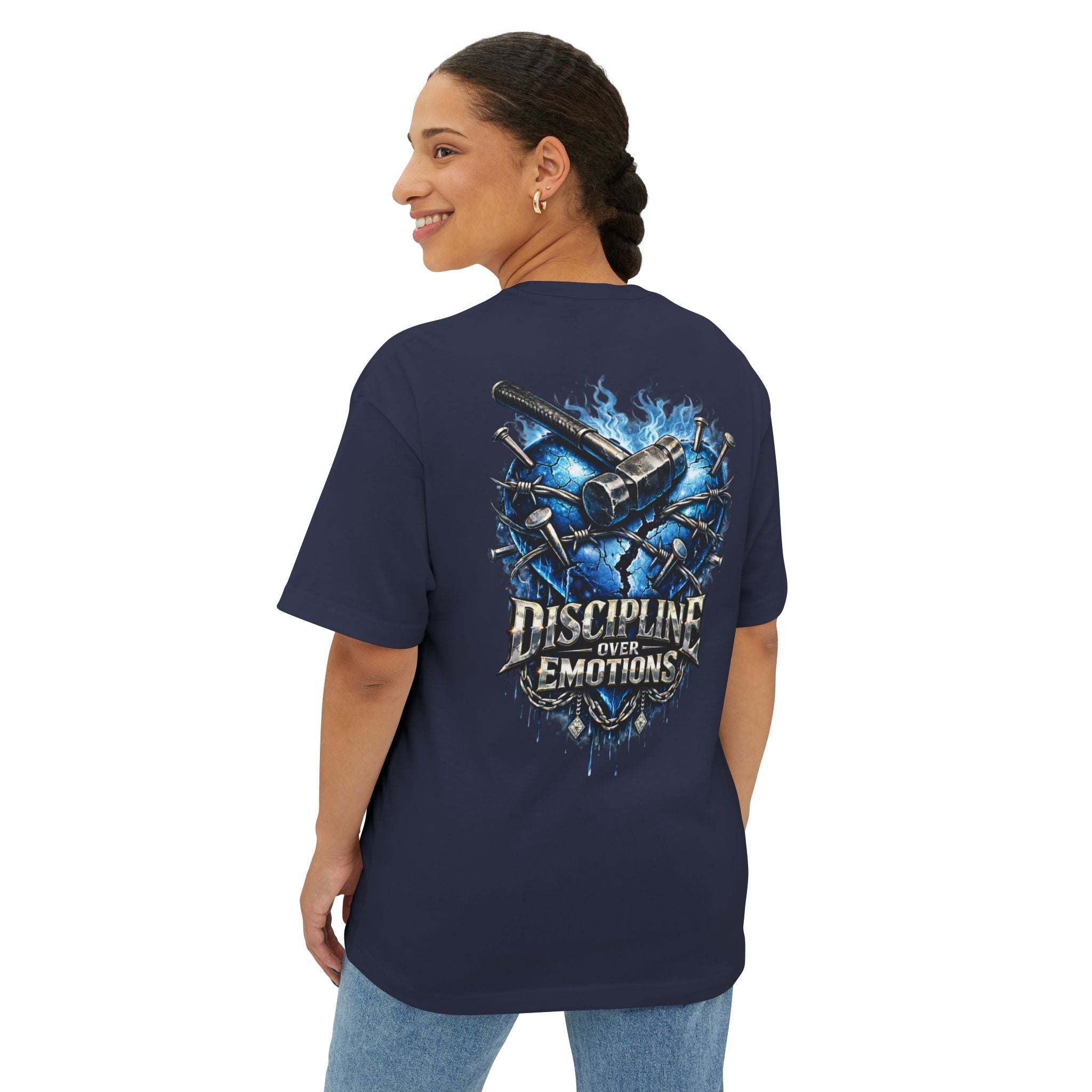 Adult *Oversized* Discipline Over Emotions (Back) Graphic Tee (Blue Heart) Printify