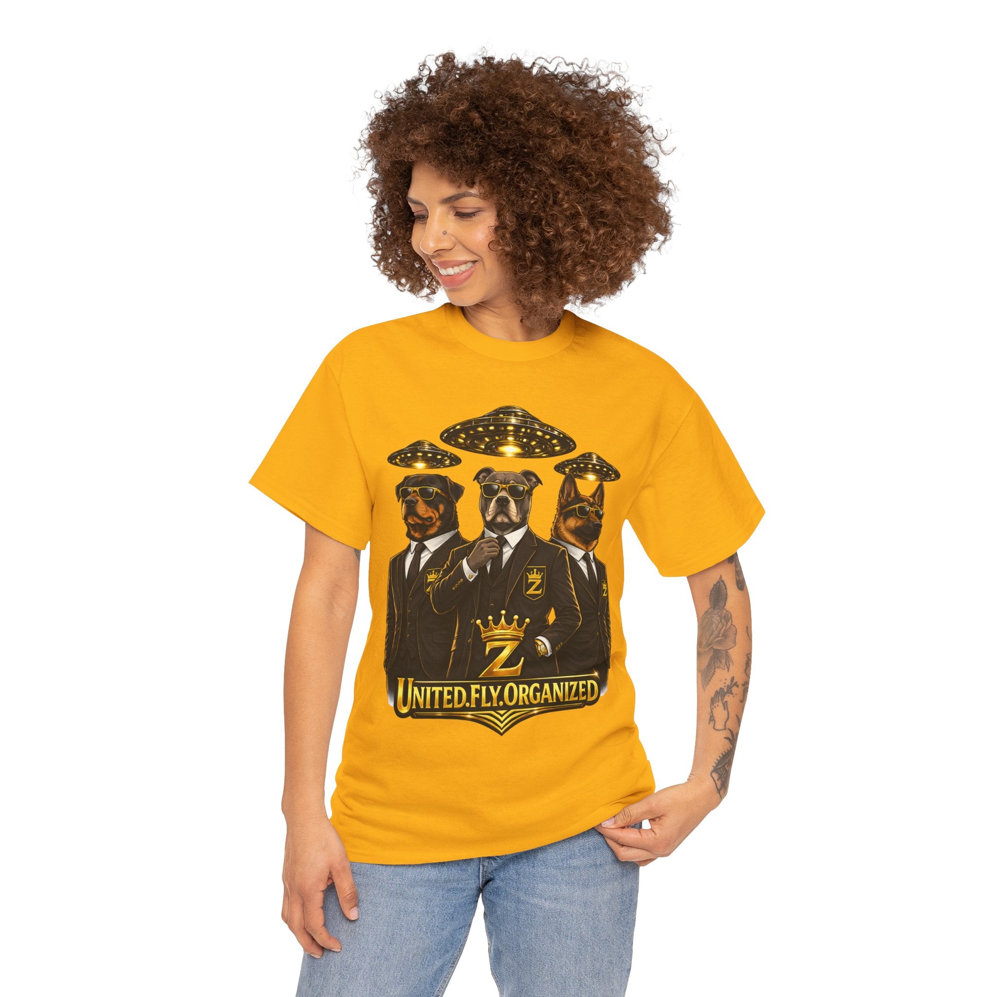 Adult "United. Fly. Organized." Graphic Tee (Gold) Printify