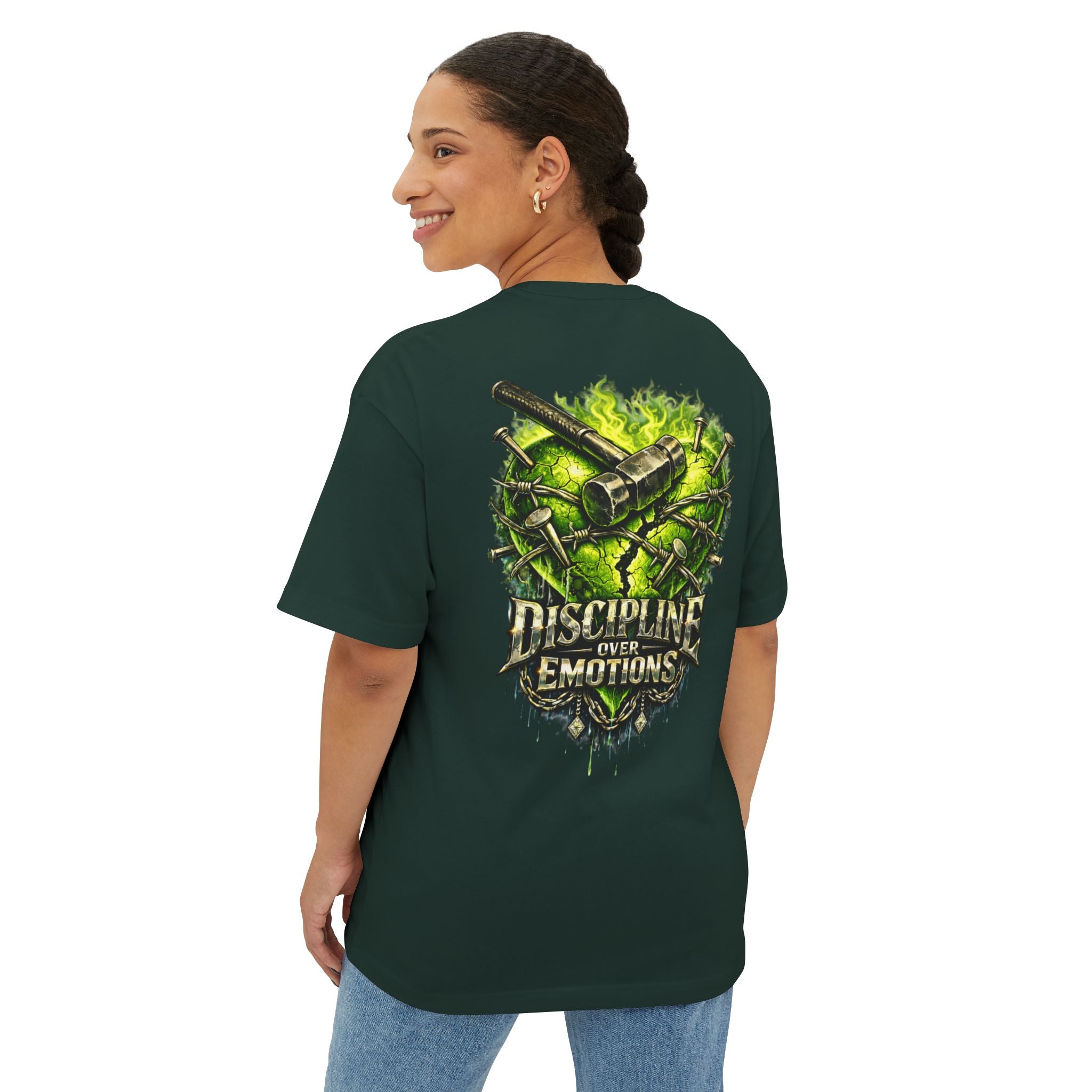 Adult *Oversized* Discipline Over Emotions (Back) Graphic Tee (Lime Green Heart) - Zealous For All