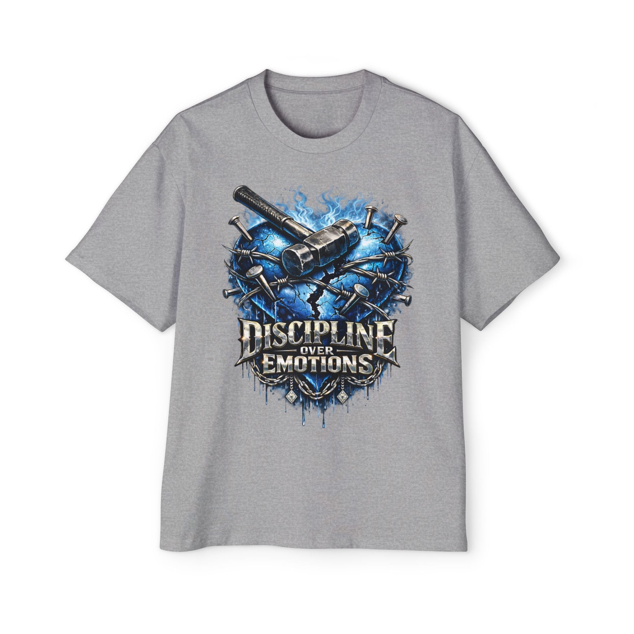 Oversized Discipline Over Emotions Graphic T-Shirt (Blue Heart) Printify