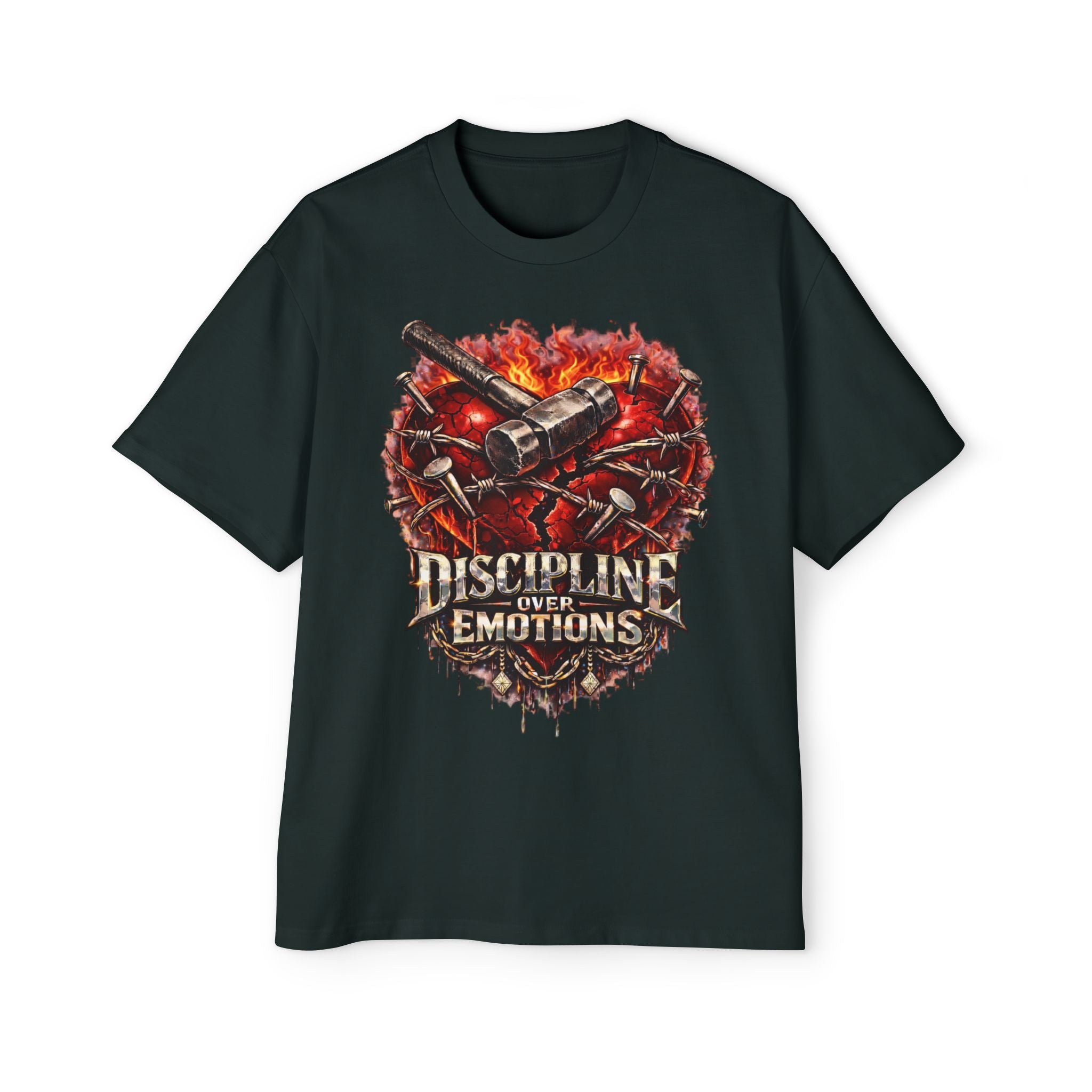 Oversized Discipline Over Emotions Graphic Tee (Front Red Heart) Printify
