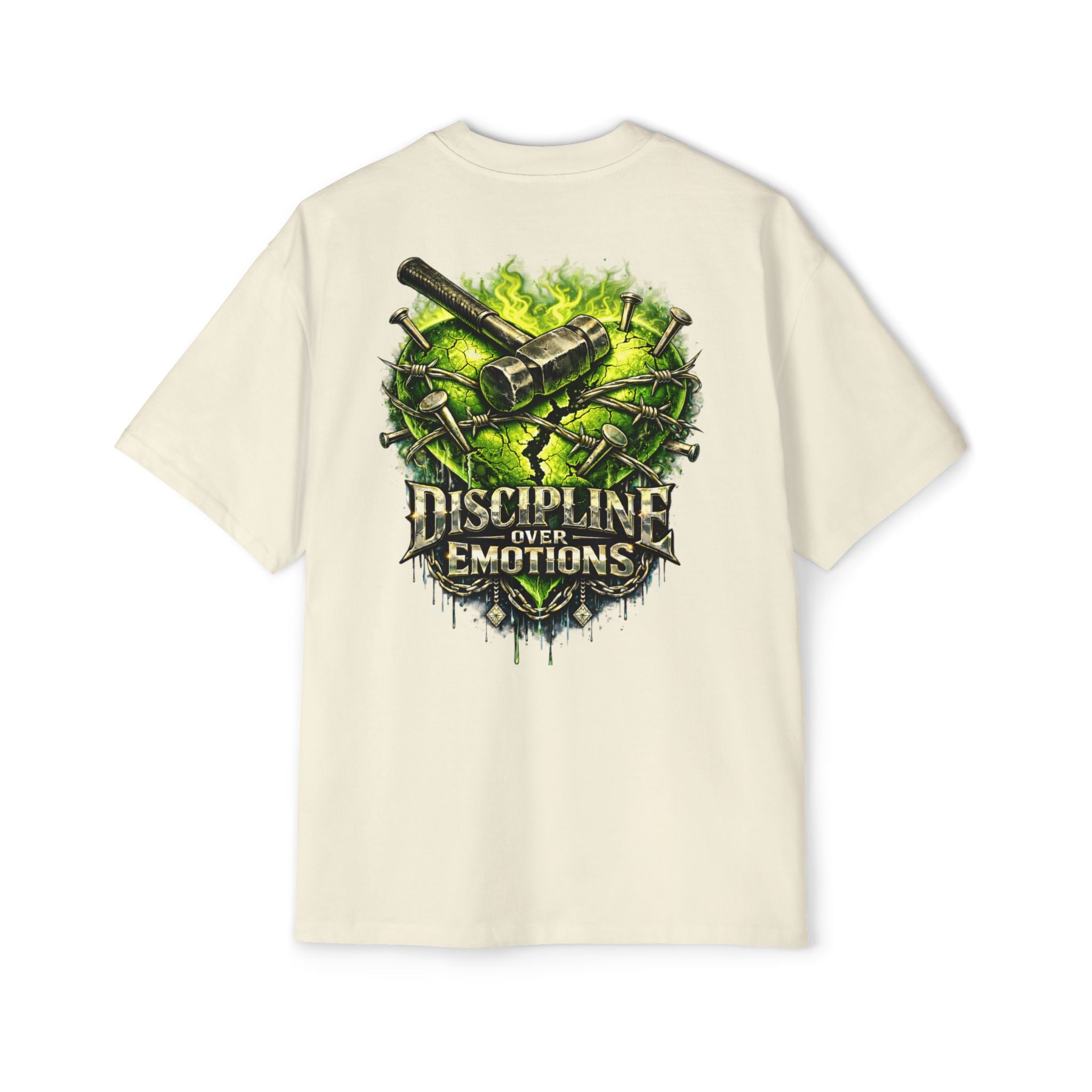 Adult *Oversized* Discipline Over Emotions (Back) Graphic Tee (Lime Green Heart) Printify