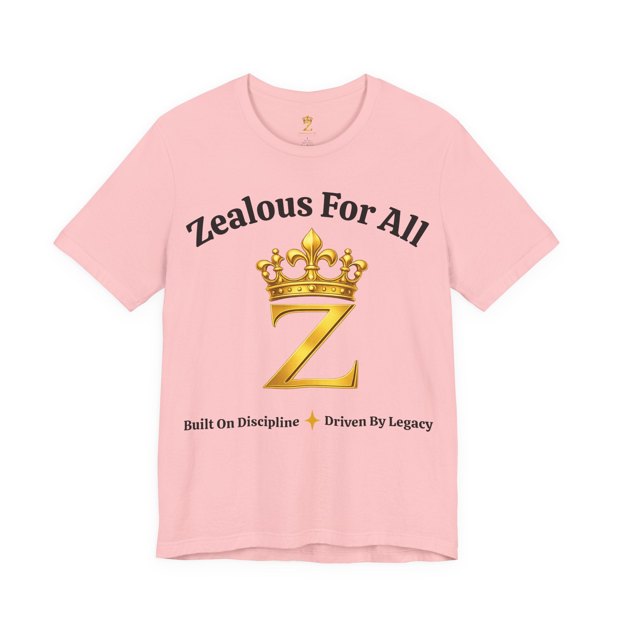 Unisex Luxury Zealous For All T-Shirt (Gold/Black Words, Big Logo T-shirt) Printify