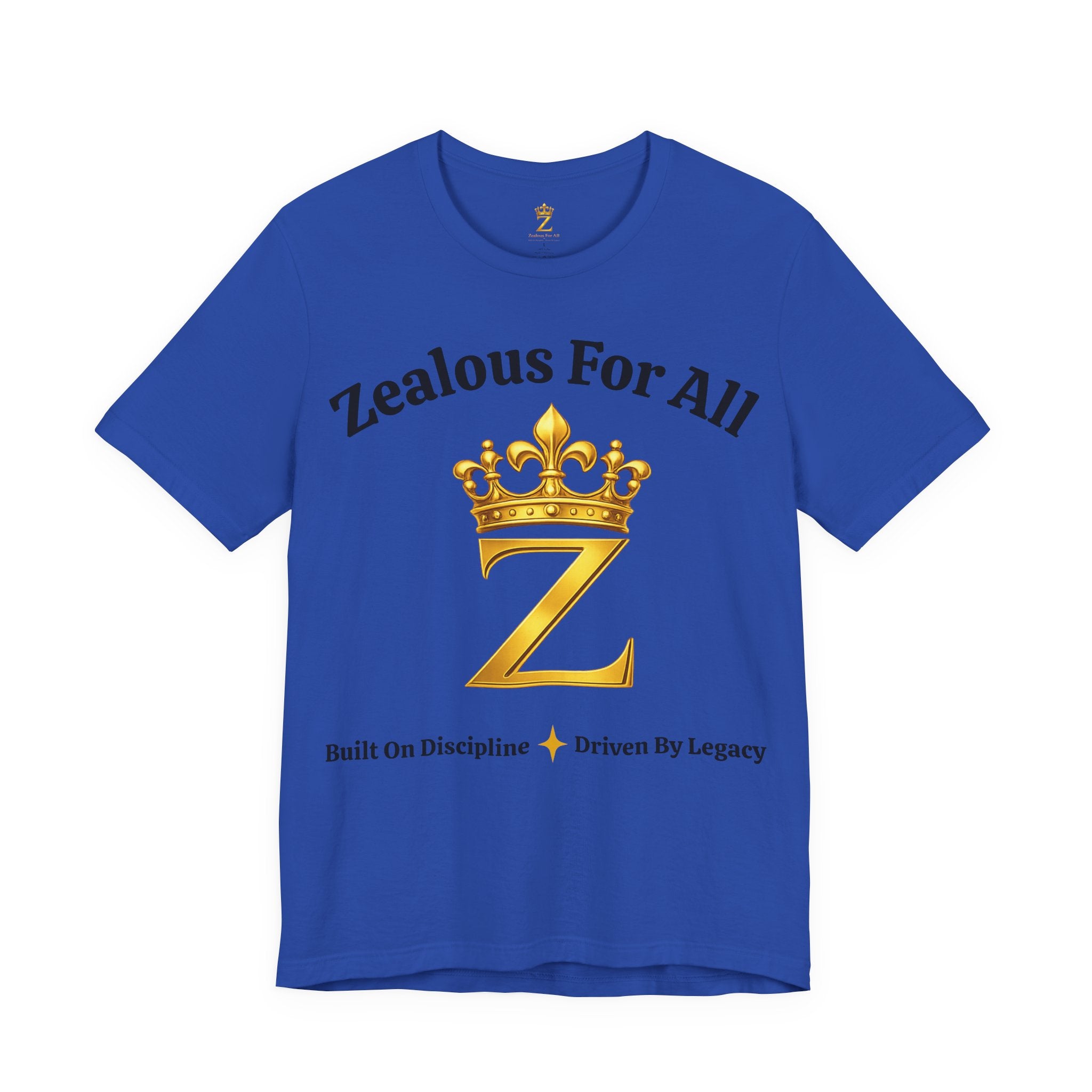 Unisex Luxury Zealous For All T-Shirt (Gold/Black Words, Big Logo T-shirt) Printify